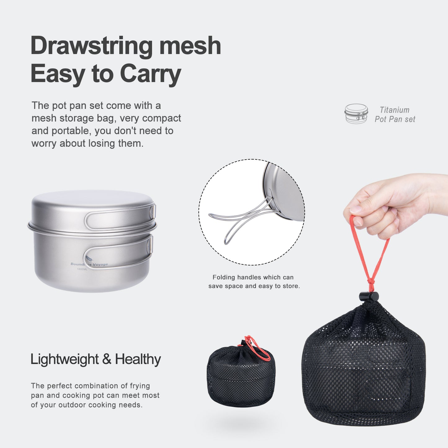 Boundless Voyage Titanium Pot & Pan Set with Collapsible Folding Handle, Portable Lightweight Cookware for Camping Hiking Backpacking Outdoor Cooking Ti2042C