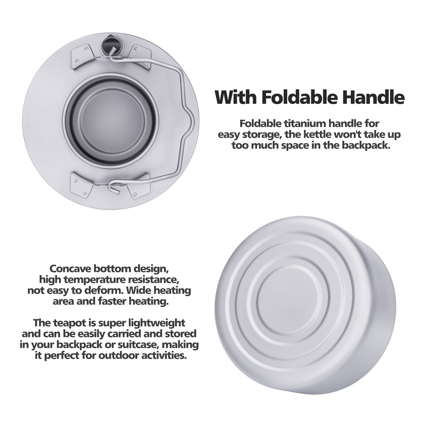 Boundless Voyage 700ml Ultralight Titanium Camping Kettle with Foldable Handle, Single-Layer Open Fire Bushcraft Water Pot Ti3103D / Ti3104D