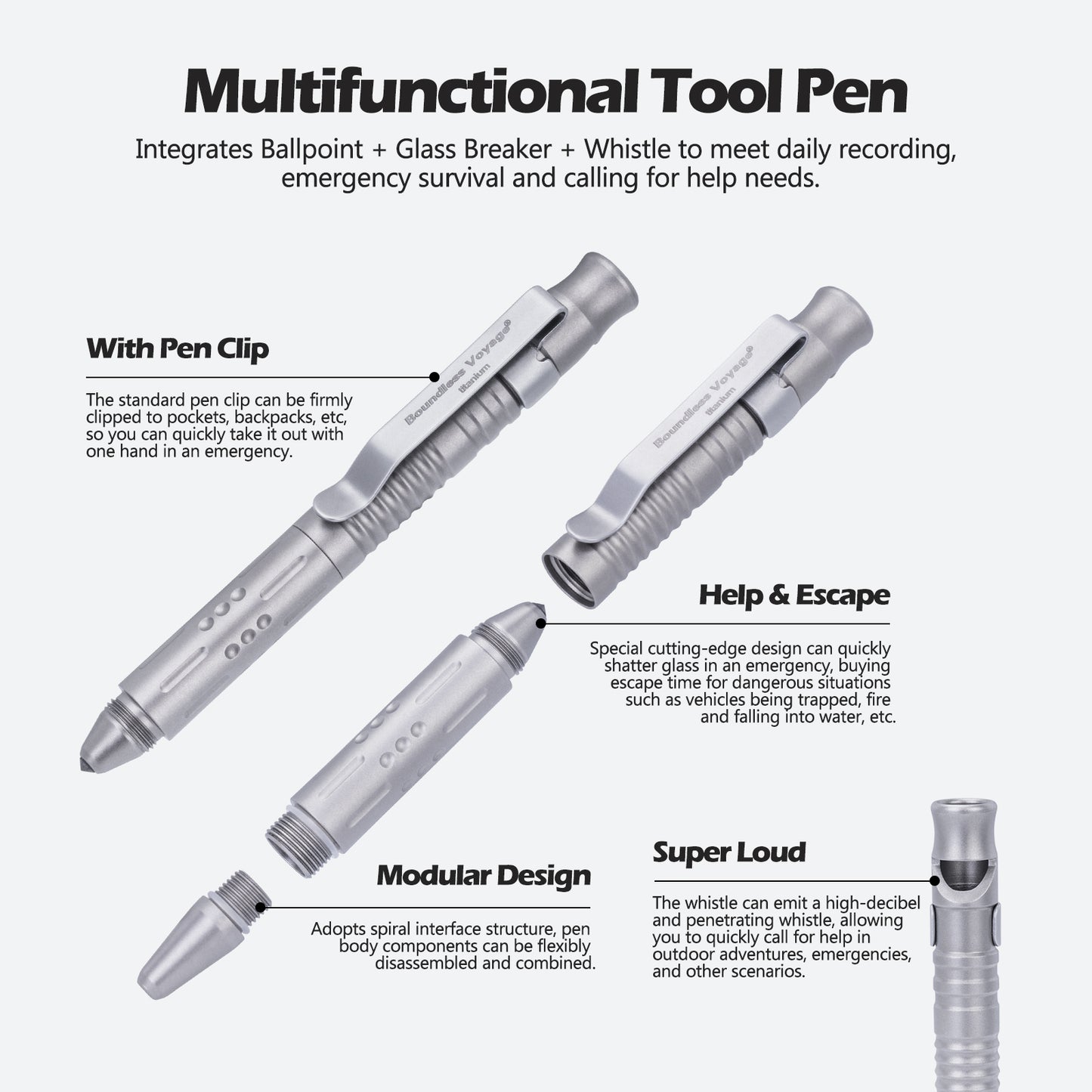 Boundless Voyage Titanium Multifunctional Pen 3-in-1 Outdoor Whistle + Car Window Breaker + Survival Self-Defense Tool Ti9025O