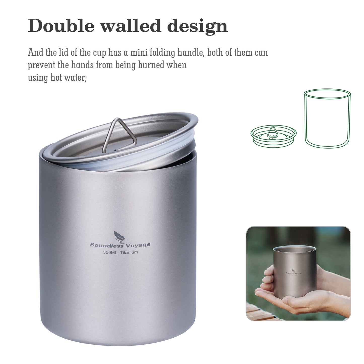 Boundless Voyage 350ml Pure Titanium Double Walled Cup with Lid | Ultralight Anti-Scald Insulated Coffee Mug for Outdoor Camping Hiking Home Office Use Ti3022D