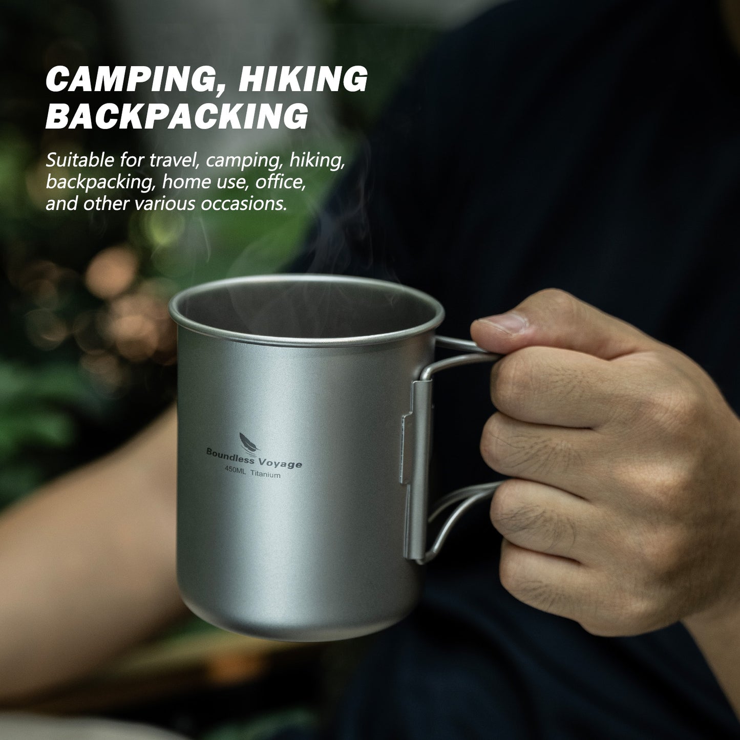 Boundless Voyage 450ml Titanium Cup with Filter Folding Handles Outdoor Camping Tea Coffee Mug 15.2 fl oz Portable Lightweight Tea Maker Ti3056D