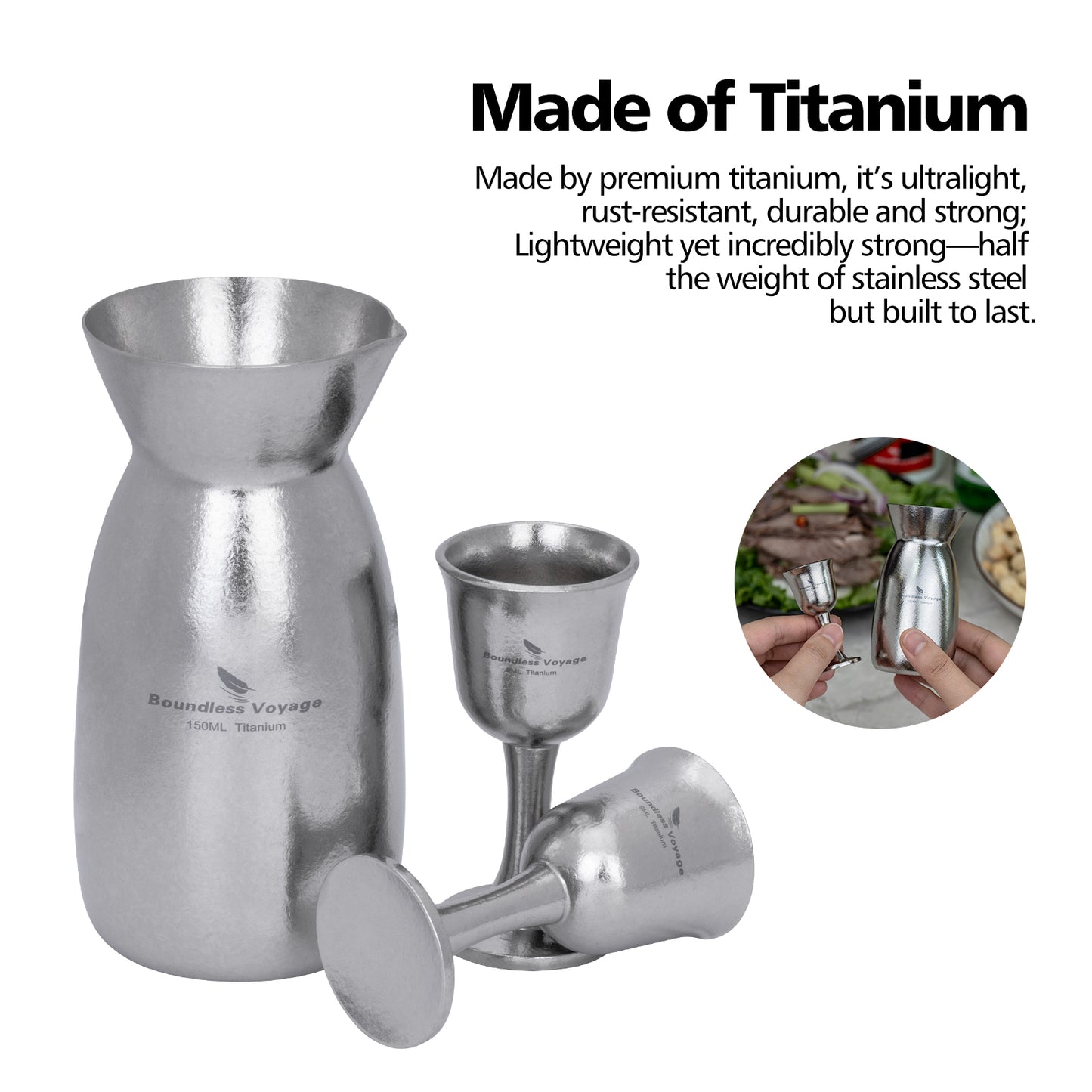 Boundless Voyage 3 Pieces Titanium Japanese Sake Set, 150ml Sake Carafe with 2  Cups, for for Sake Japanese Wine/Soju/Drink/Tea Dishwasher Safe Portable Drinkware for Outdoor Travel Ti3266D