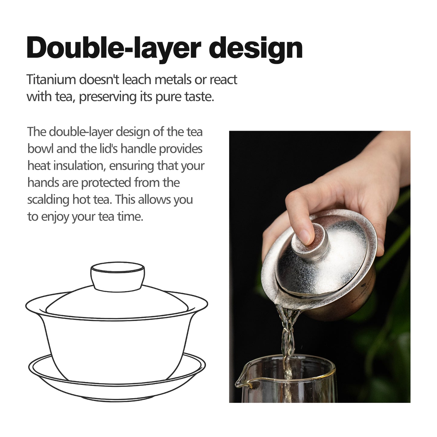 Boundless Voyage 130ml High-Temp Crystalline Finish Double Wall Titanium Gaiwan, Ultralight Three-Talent Kung Fu Tea Bowl, Anti-Scald Tea Set for Home Tea Ceremony & Camping Ti3144D
