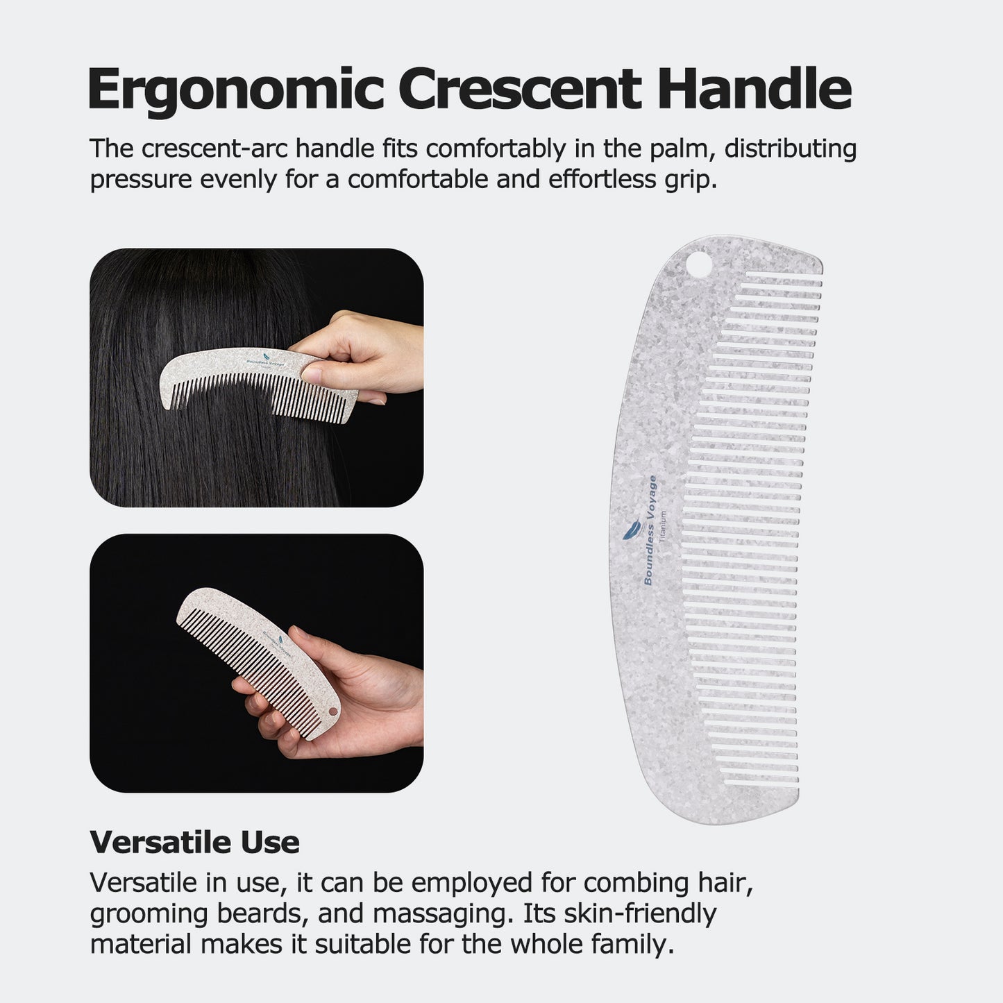Boundless Voyage Titanium Crescent Comb, Unisex Hair & Beard Styling Comb for Daily Home Use and Travel Carry Ti9011B