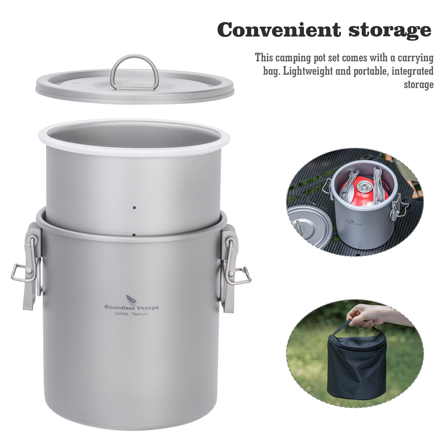 Boundless Voyage Sandblasted Matte Finish Ultralight Titanium Camping Rice Cooker Pot, 1.4L Outer Pot with 0.9L Inner Container, Portable Cookware for Hiking, Travel & Outdoor Camping Ti2093C