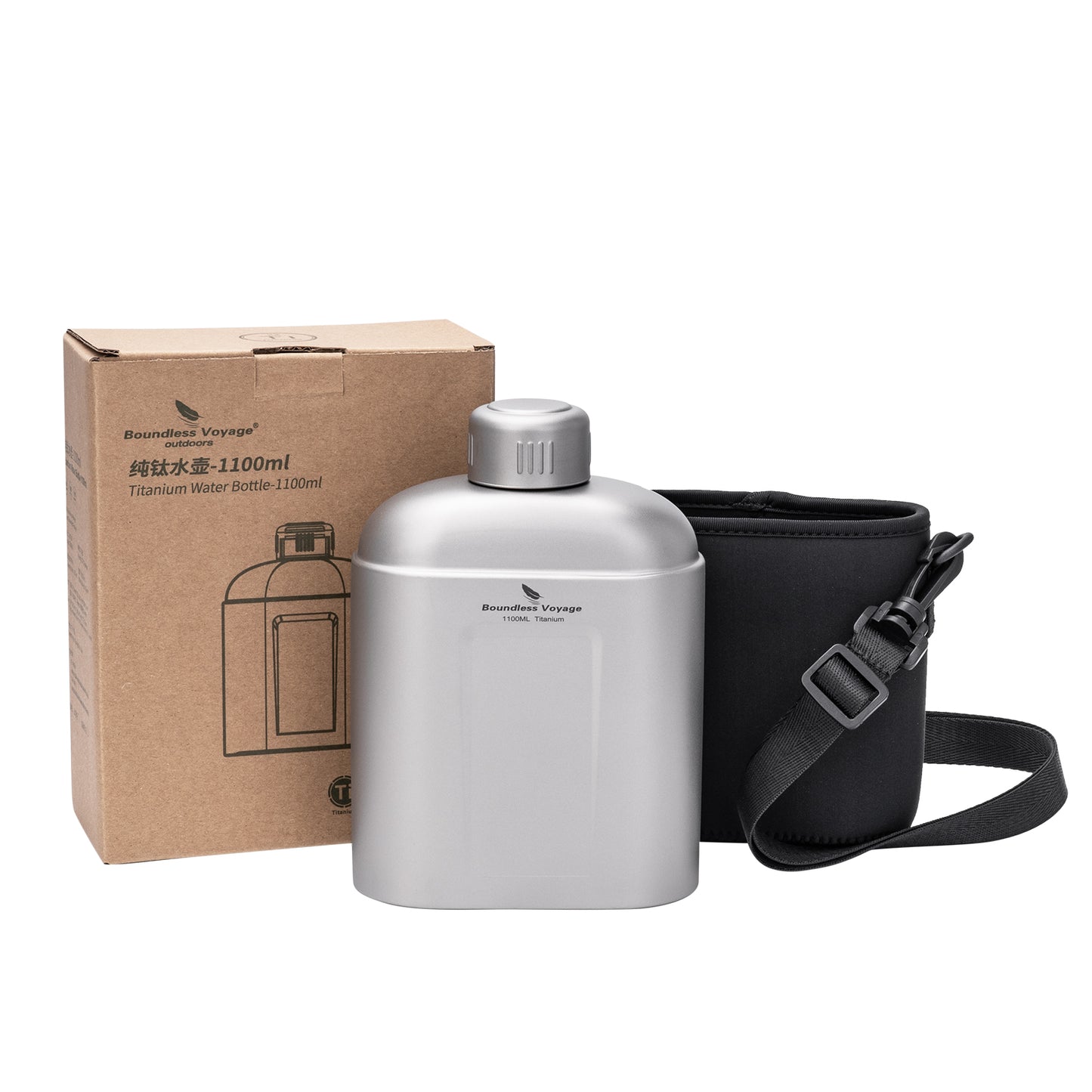 Boundless Voyage 1100ml TA1 Pure Titanium Canteen Bottle | Single Layer Open Flame Heatable Water Flask, Leakproof Double Wall Lid Military Outdoor Bottle with Crossbody Sleeve Ti3012D