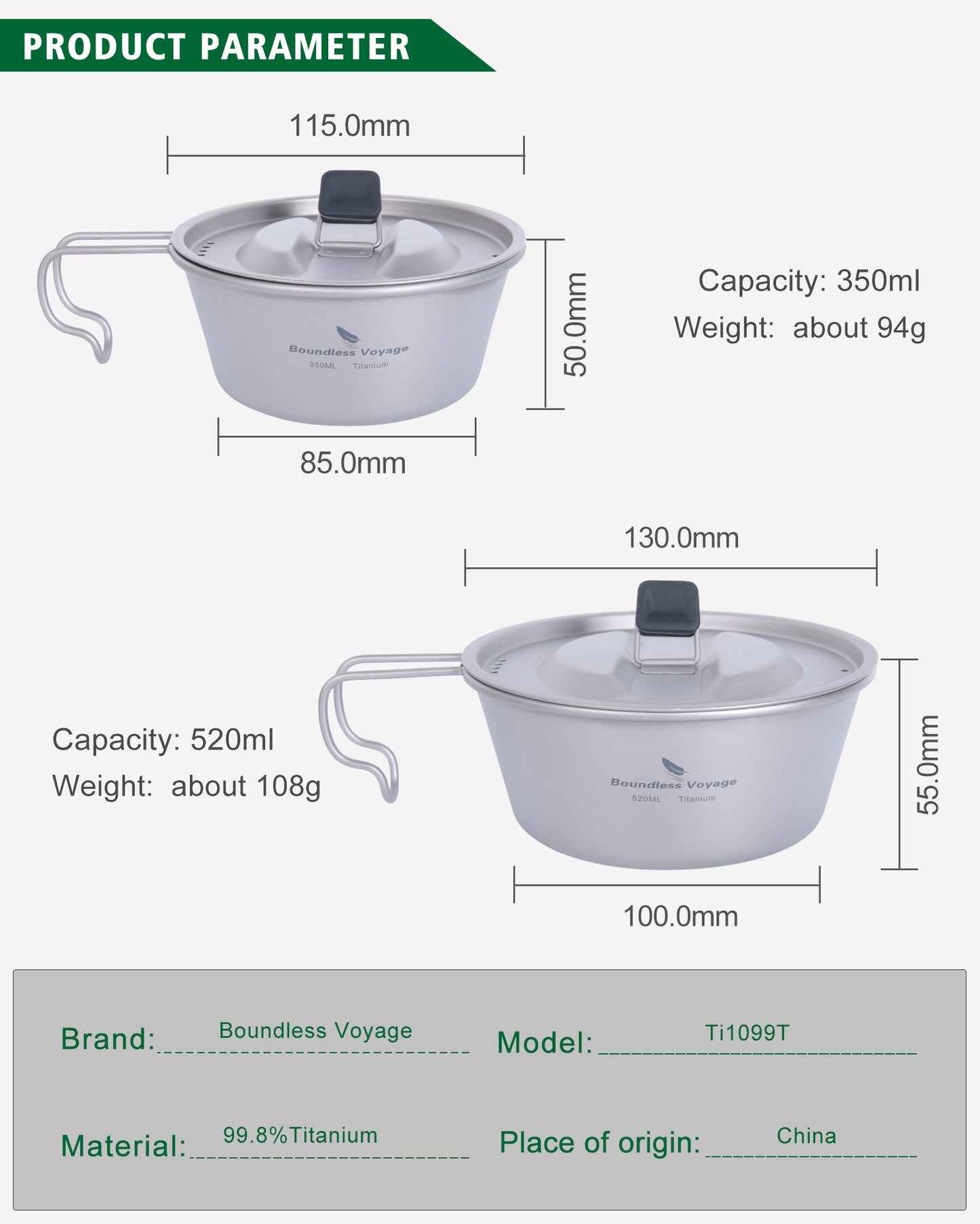 Boundless Voyage Titanium Sierra Bowl Cup with Handle & Lid | Portable Outdoor Camping Tableware Mug, 350ml / 520ml for Hiking Travel  Ti1097T -Ti1099T
