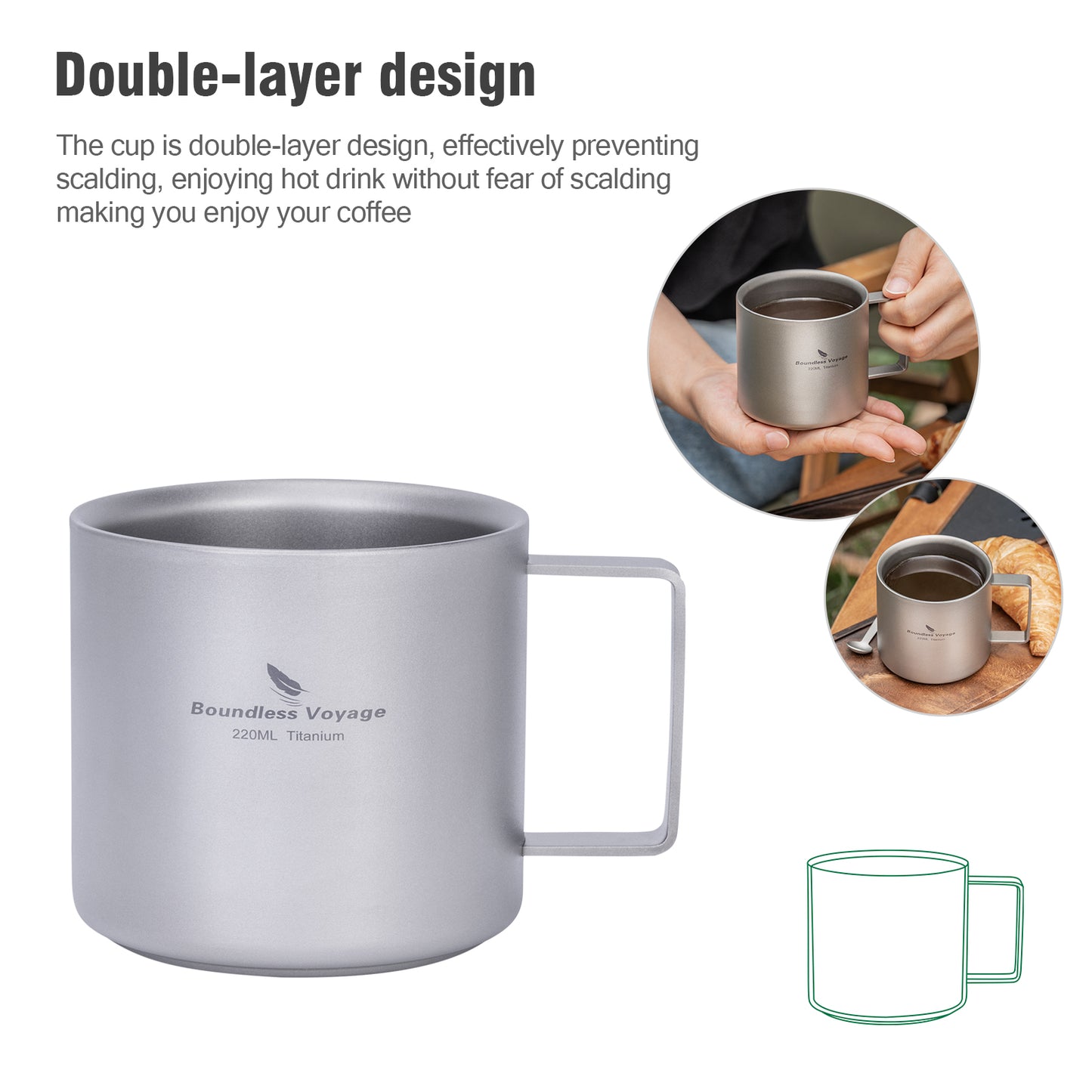 Boundless Voyage 220ml Double Wall Titanium Coffee Cup, Lightweight Portable Insulated Mug, Outdoor Camping Travel Tableware Ti3052D