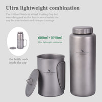 Boundless Voyage 1050ml Titanium Water Bottle with 600ml Flat Lid Nesting Cup, Portable Pure Titanium Survival Canteen Mug Kit, Lightweight Travel Tableware for Hiking Bushcraft Picnic Ti3007D