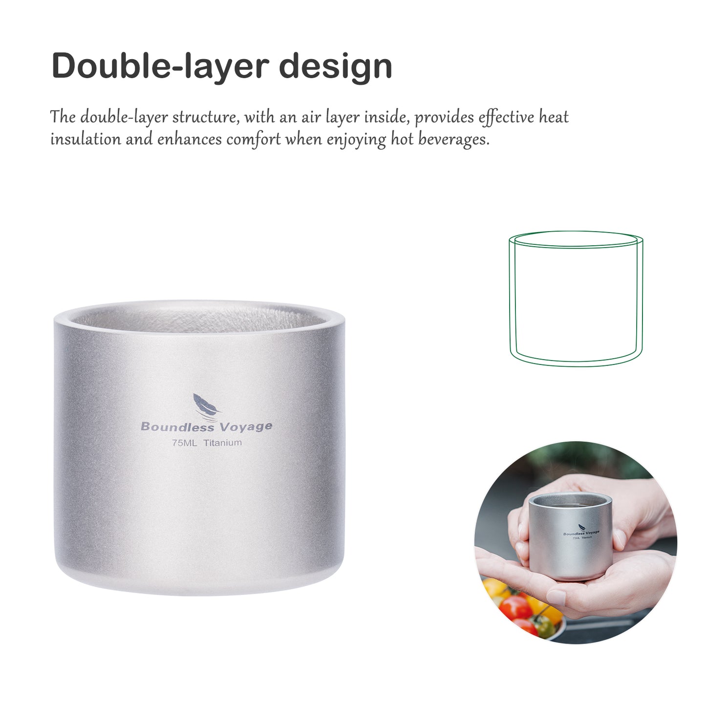 Boundless Voyage 75ml Pure Titanium Double-Wall Mug | Lightweight Heat Resistant Coffee & Tea Cup with Storage Bag, Portable Drinkware for Backpacking, Hiking, Picnic, Travel & Daily Use  Ti3045D