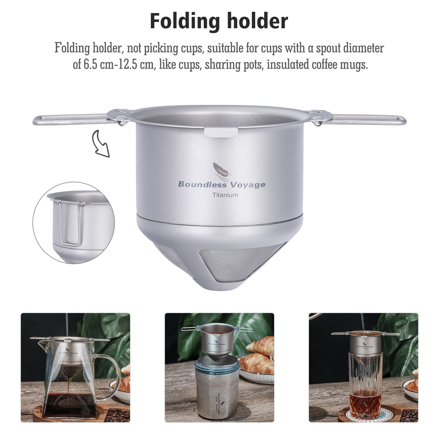 Boundless Voyage Titanium Folding Coffee Drip Filter, Ultralight Portable Hanging Ear Hand Brew Coffee Filter, Fits Mugs with 6.5cm–12.5cm Diameter Ti6002P