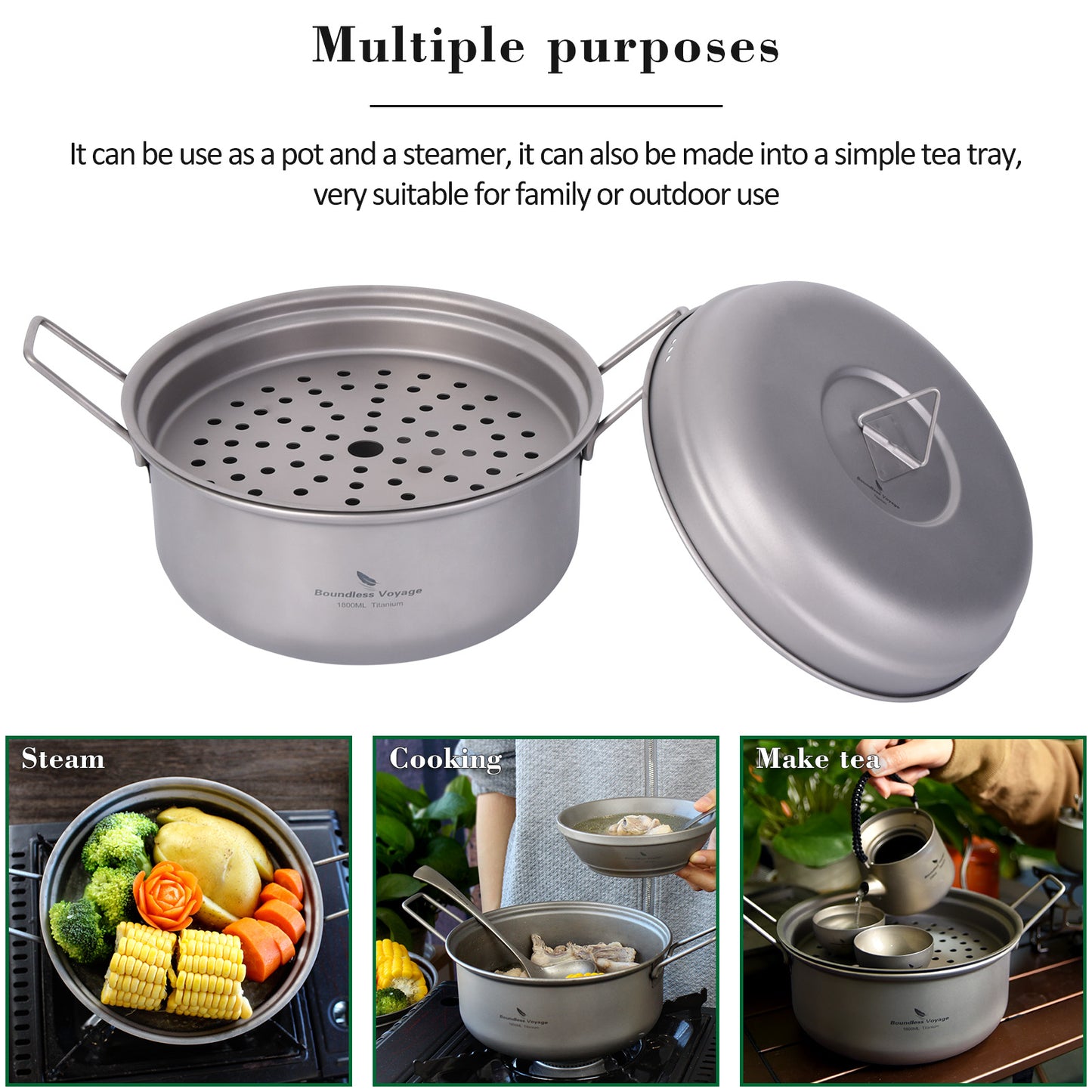 Boundless Voyage 1800ml Titanium Stockpot Steamer Set with Lid, Ultralight Outdoor Soup Pan Mess Kit for Camping, Stovetop & Campfire Use Ti2058C
