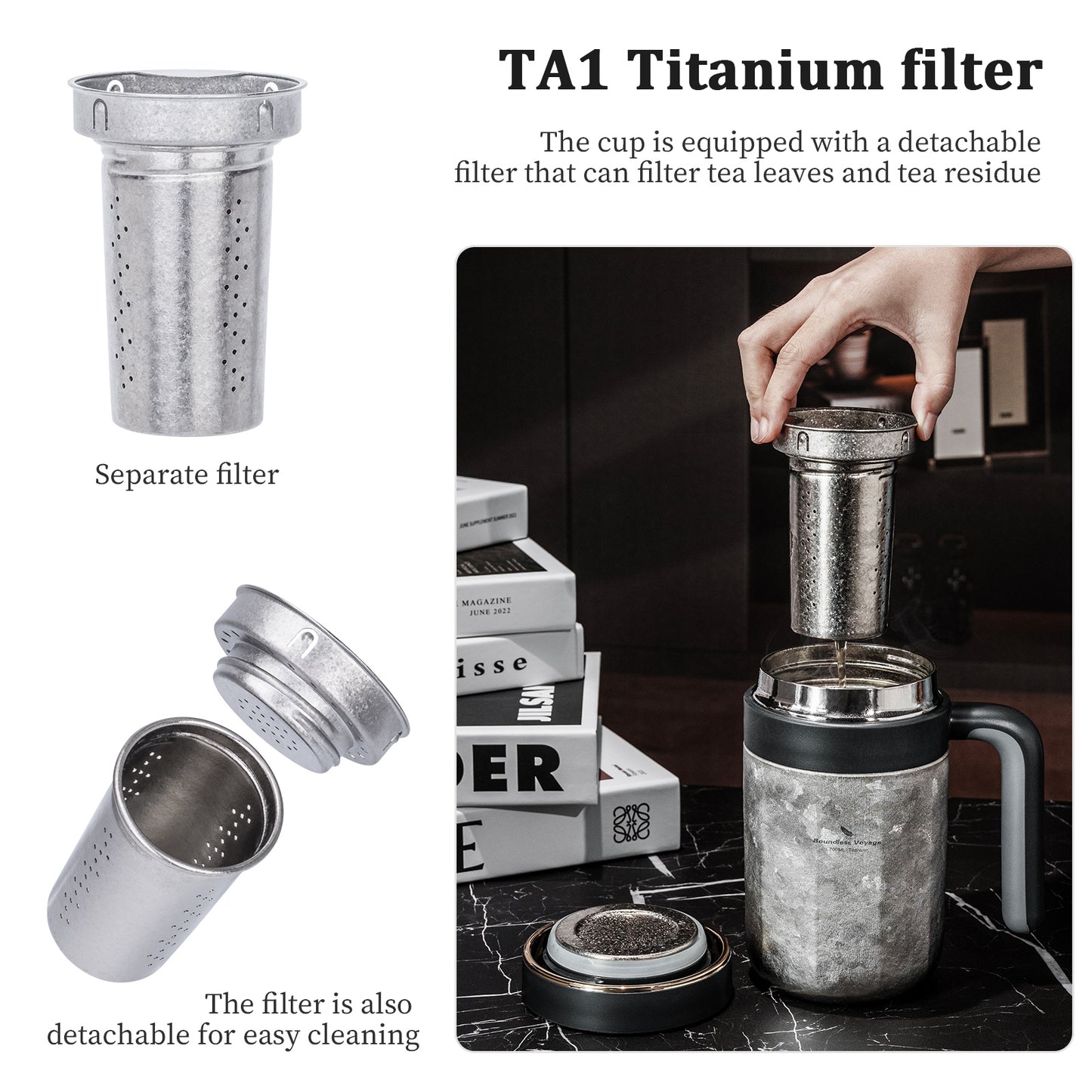 Boundless Voyage 700ml Pure Titanium Double Wall Insulated Cup with Lid & Coffee Filter, Portable Reusable Travel Mug, Keeps Hot & Cold Drinks Ti3237D