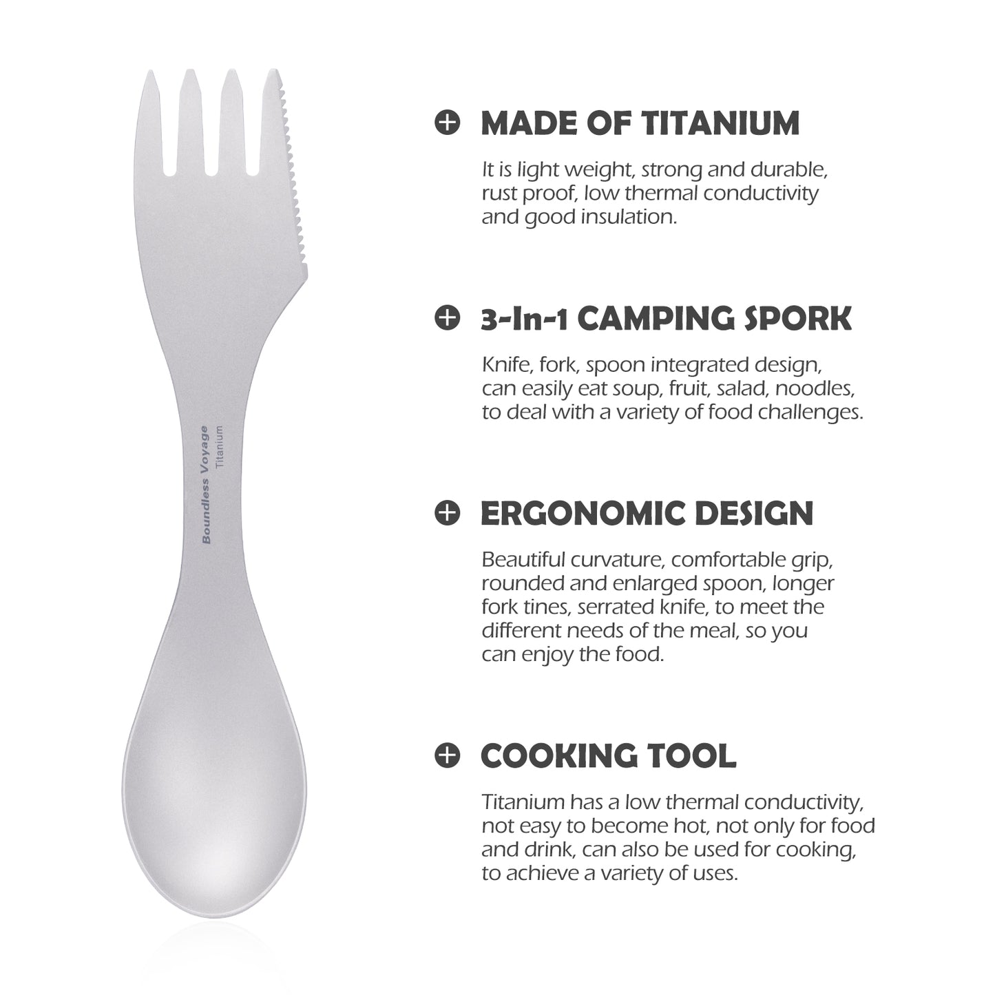 Boundless Voyage Titanium Spork 3-in-1 Fork, Spoon, Knife Cutlery Combo Ultra Lightweight Camping Utensil Ti1064T