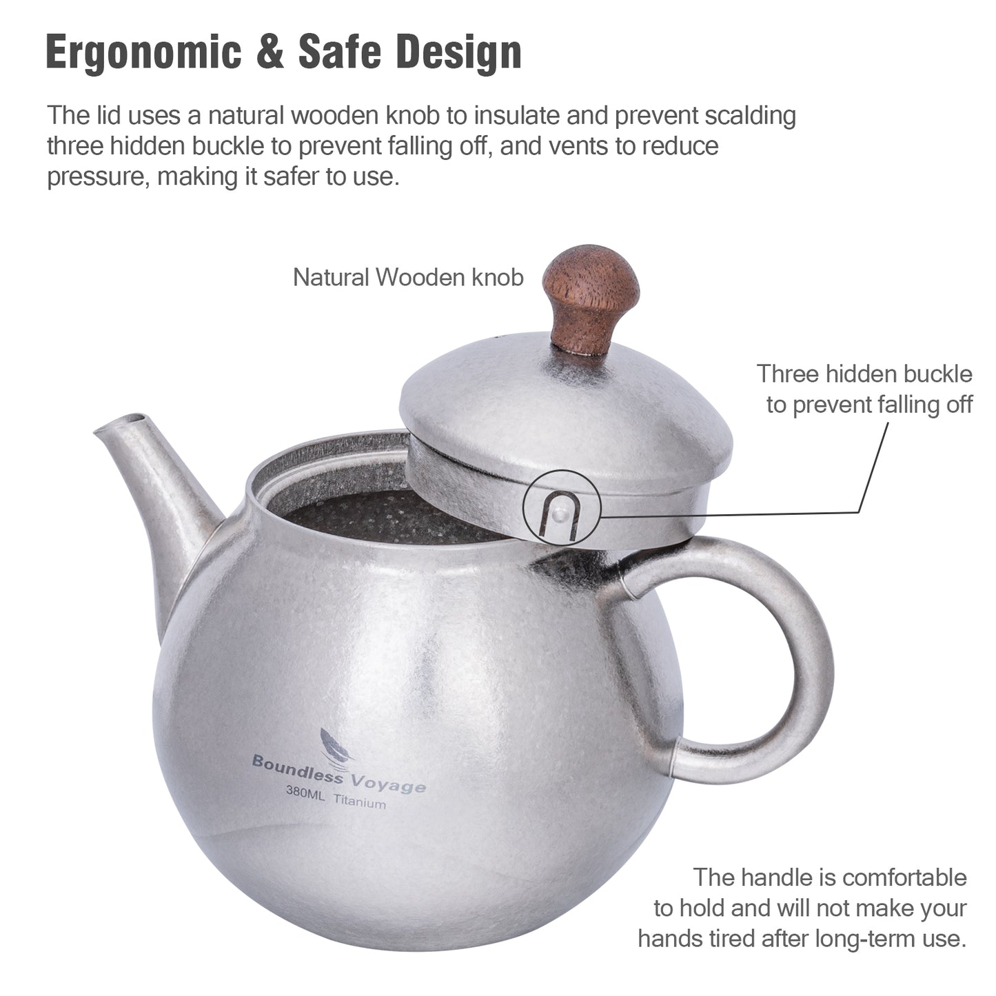 Boundless Voyage Titanium Kungfu Teapot with Lid and Handle Camping Tea Pot for Outdoor Backpacking Hiking Teapot 380ml Ti3107D