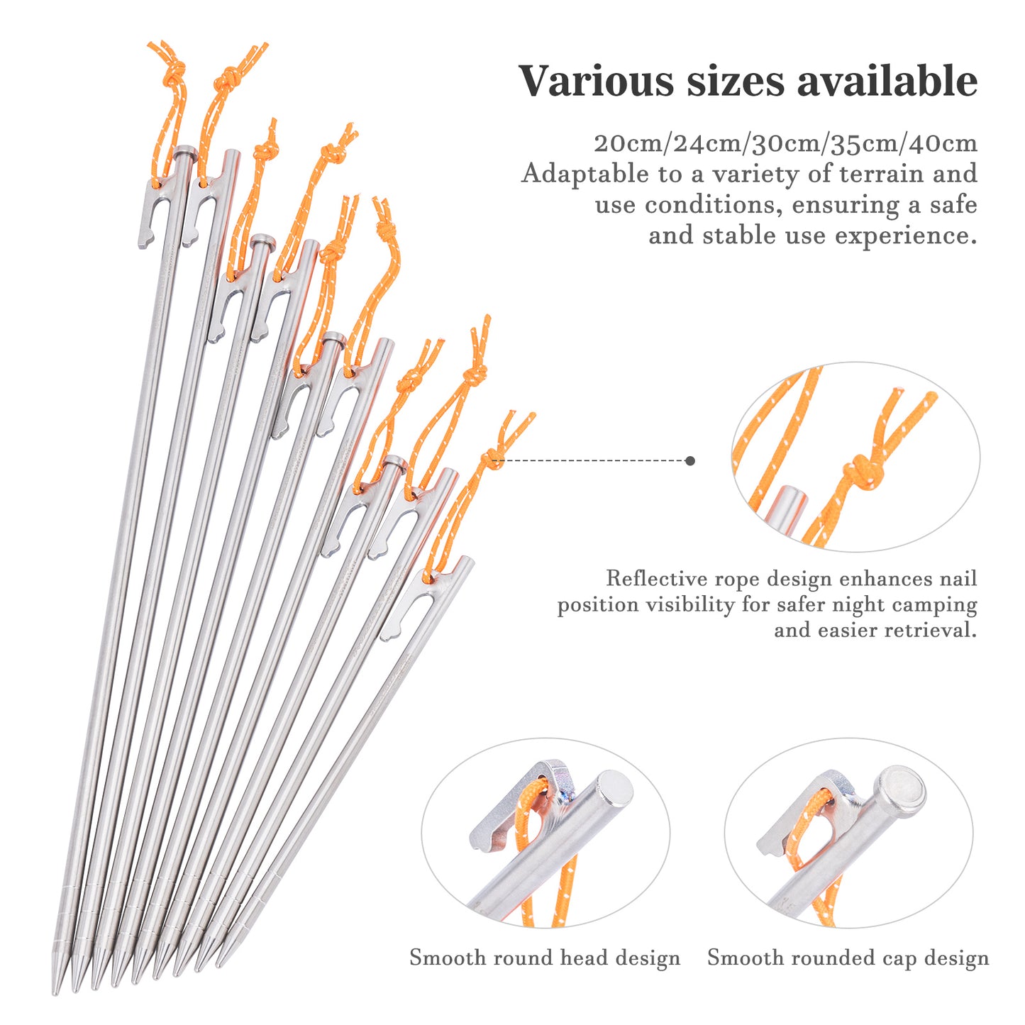 Boundless Voyage Multi-Size Titanium Alloy Tent Stakes | Ultralight Heavy Duty Ground Pegs, Portable Camping Accessories, Sizes 20/24/30/35/40cm, 4Pcs & 6Pcs Optional Sets Ti4012P