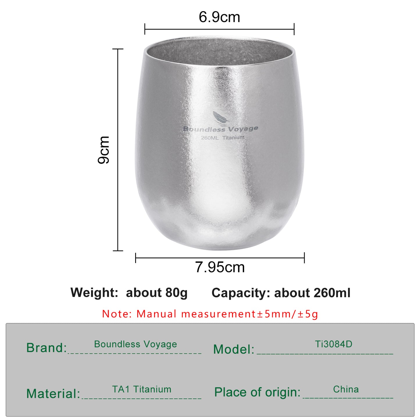 Boundless Voyage 260ML Titanium Double-Walled Egg Shaped Cup, Ice Crystal High-Temp Crystalline Texture Insulated Tea Coffee Mug, Ultralight Portable Drinkware for Camping, Travel & Daily Home Use Ti3084D