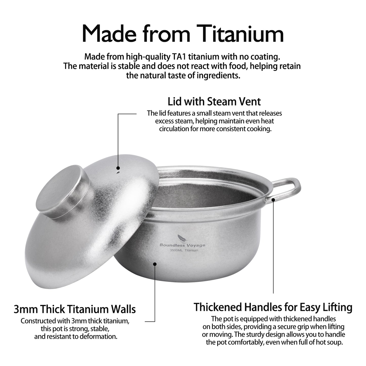 Boundless Voyage 3.5L Titanium Cooking Pot with Steam Vent Lid, 3mm Thick Crystalline Stovetop Pot for Home Kitchen Ti2116C