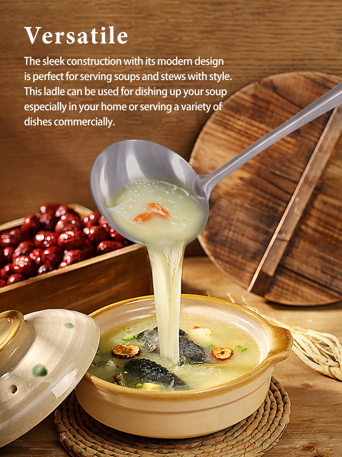 Boundless Voyage Pure Titanium Soup Ladle, Rust-Proof Durable Serving Spoon with Wooden Handle, Kitchen Utensil for Cooking Gravy & Sauces Home Outdoor Use Ti5004P