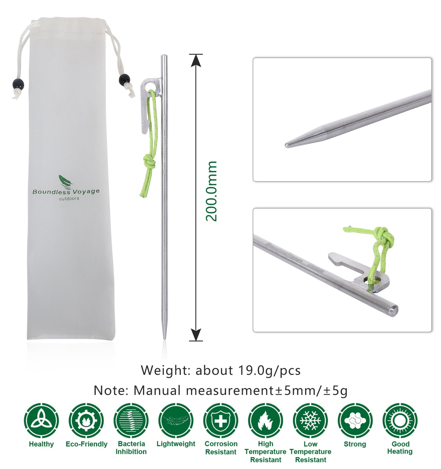 Boundless Voyage 20cm Pure Titanium Tent Stakes 6Pcs | Ultralight Heavy Duty Tent Pegs for Hard Soil, Snowfield & Grassland, Multi-Purpose Accessories for Camping, Hiking, Climbing & Garden Plant Support Ti4014P