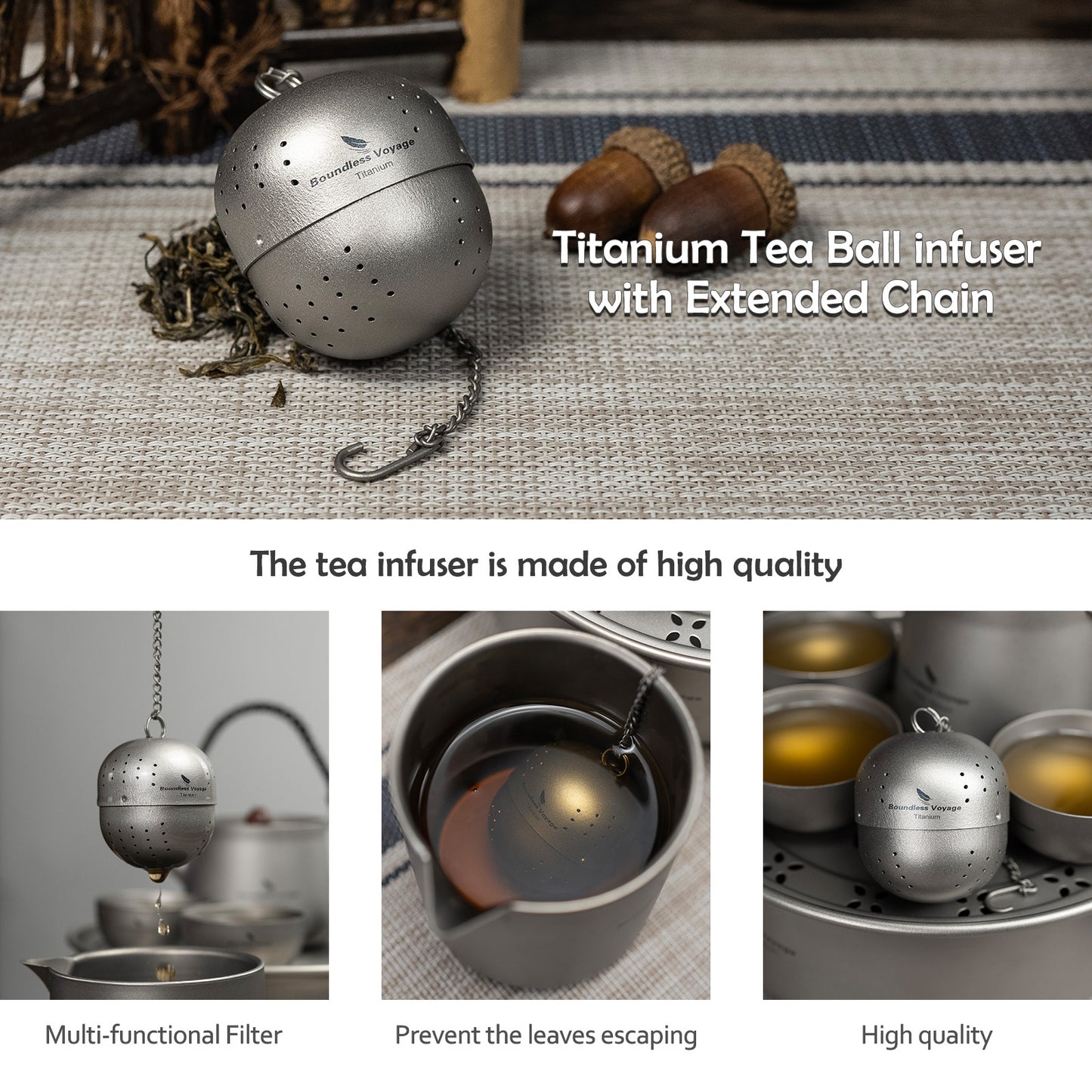Boundless Voyage Titanium Tea Ball infuser for Loose Tea Spices with Extended Chain Lightweight Tea Bag Filter Mesh Tea Strainer Mug Teapot Home Kitchen Tools Teaware Ti3207D