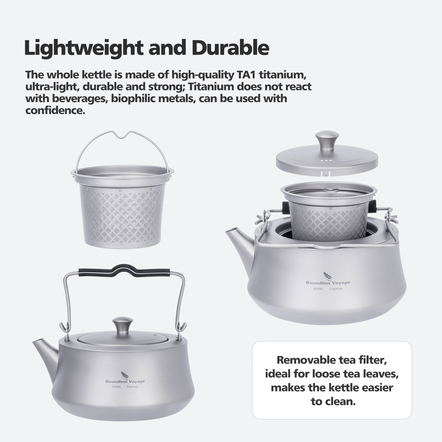 Boundless Voyage 800ml Pure Titanium Kettle with Filter & Foldable Handle, Ultralight Camping Teapot Ti3093D