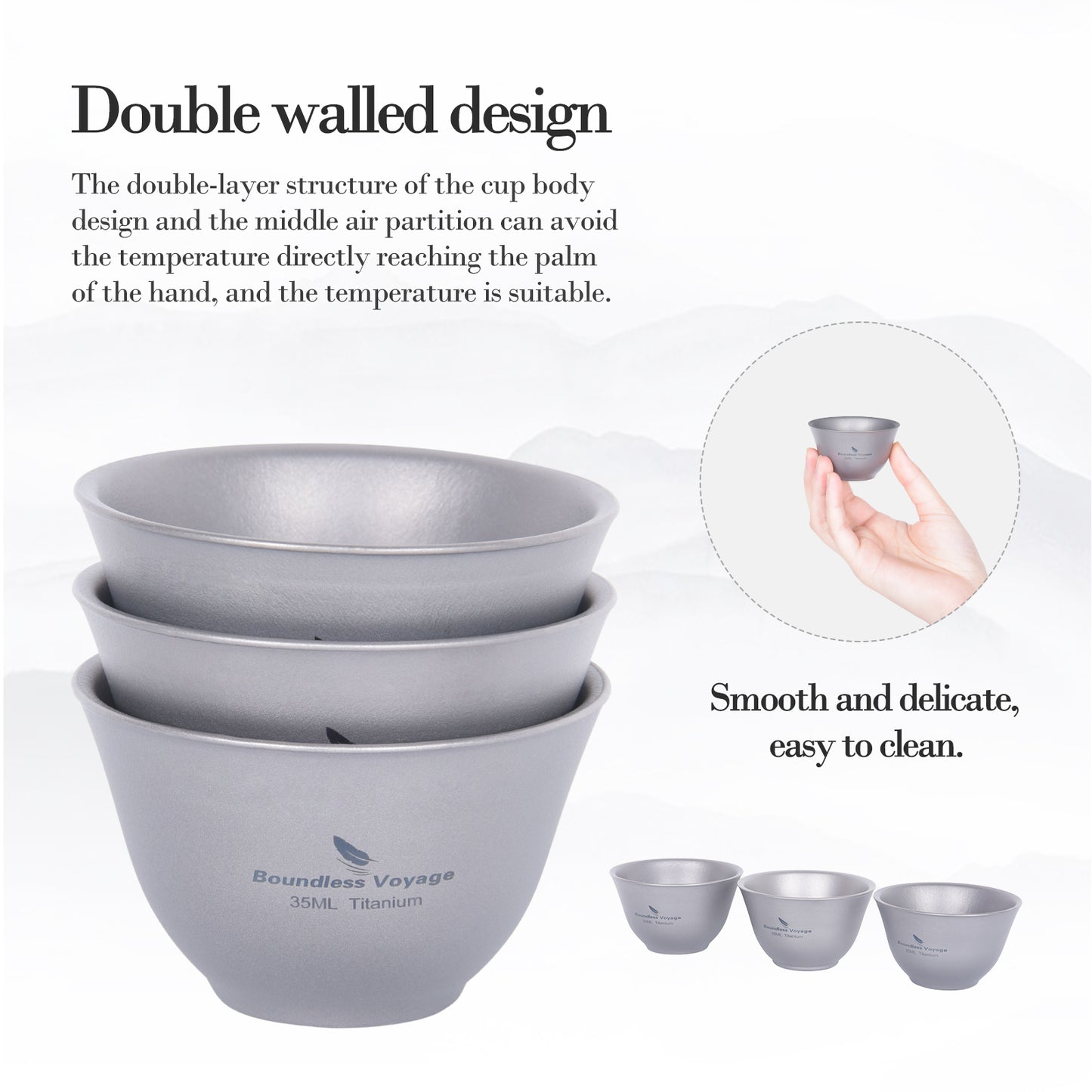 Boundless Voyage 35ml Double-Wall Titanium Sake Cup & Kung Fu Tea Cup, Portable Mini Mug for Camping, Picnic & Daily Home Use Ti3205D