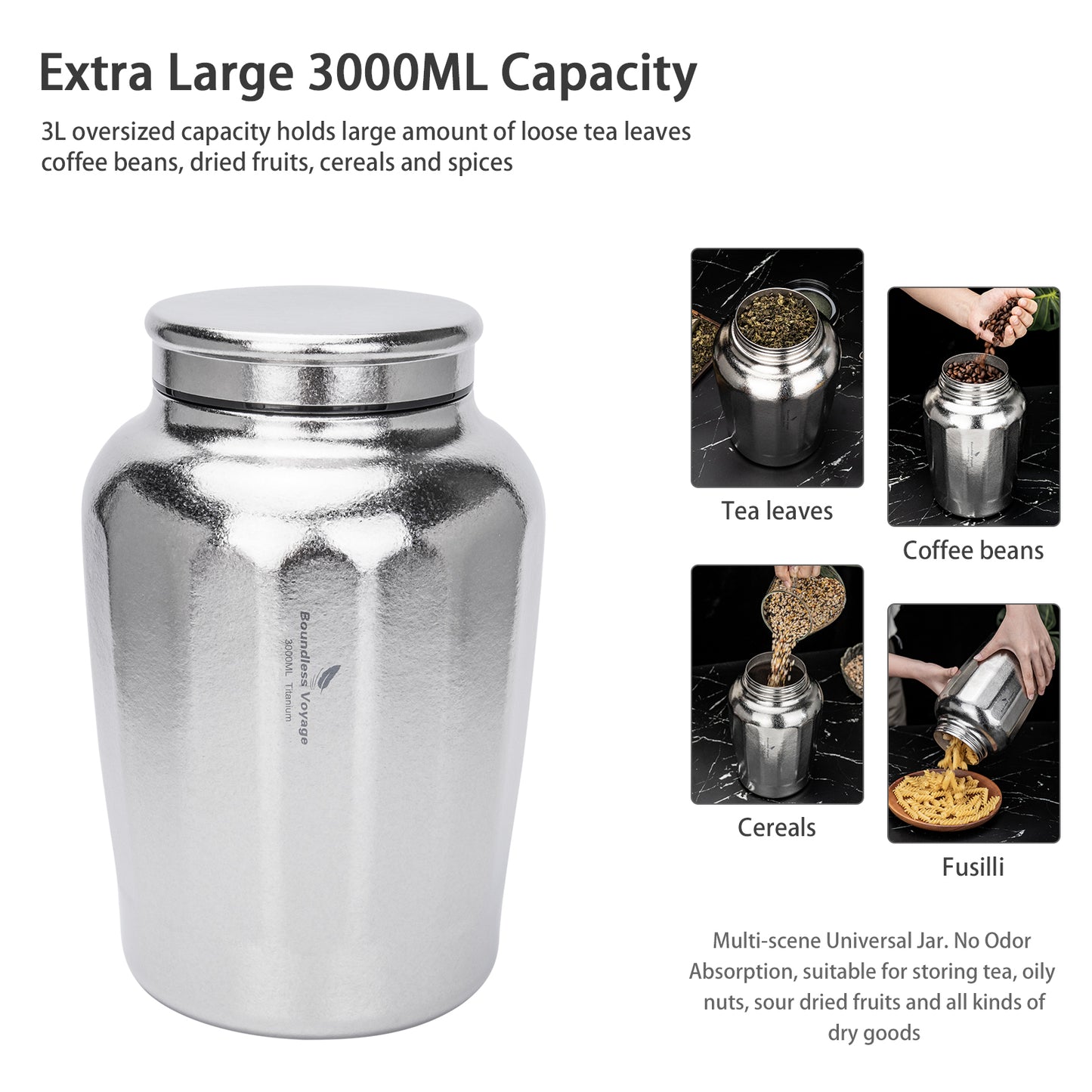 Boundless Voyage 3000ML Pure Titanium Airtight Storage Canister, Large Capacity Sealed Tea Coffee Container, Lightweight Food Storage Jar for Grains Nuts, Home & Camping Use Ti3212A