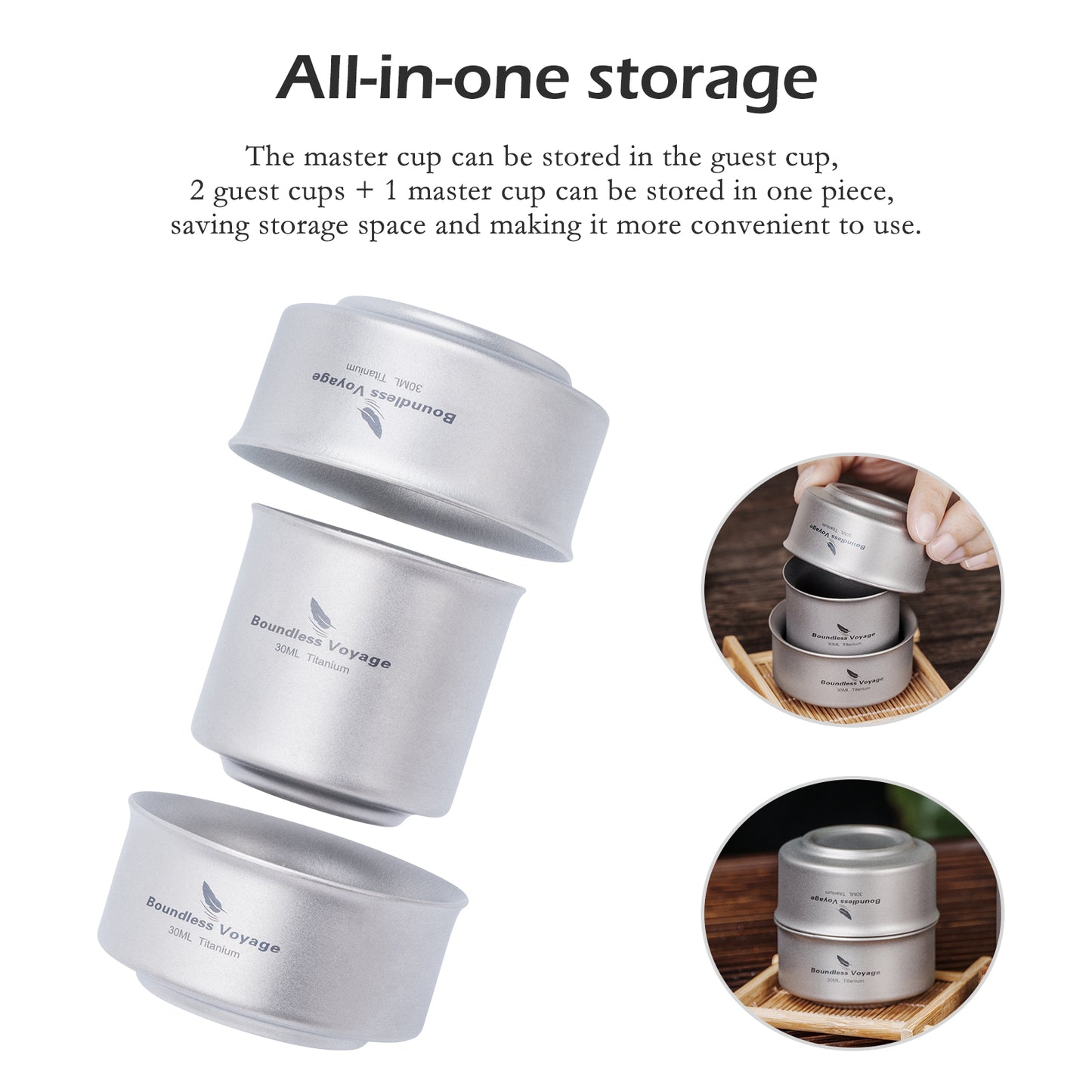 Boundless Voyage Titanium Double-Wall Tea Cup 30ml Gongfu Anti-Scald Coating-Free, Single or Set Ti3146D Ti3147D Ti3148D