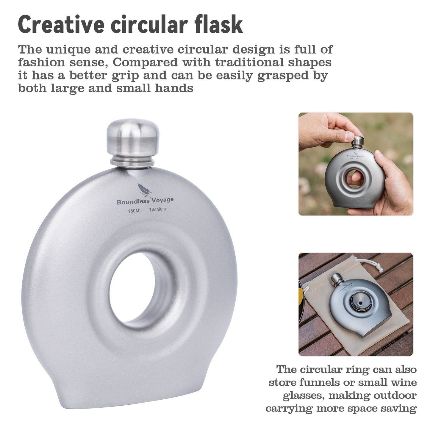 Boundless Voyage 180ml Titanium Hip Flask with Funnel Set Round Wine Bottle Special-shaped Small Pocket Flask Liquor Ti3067D
