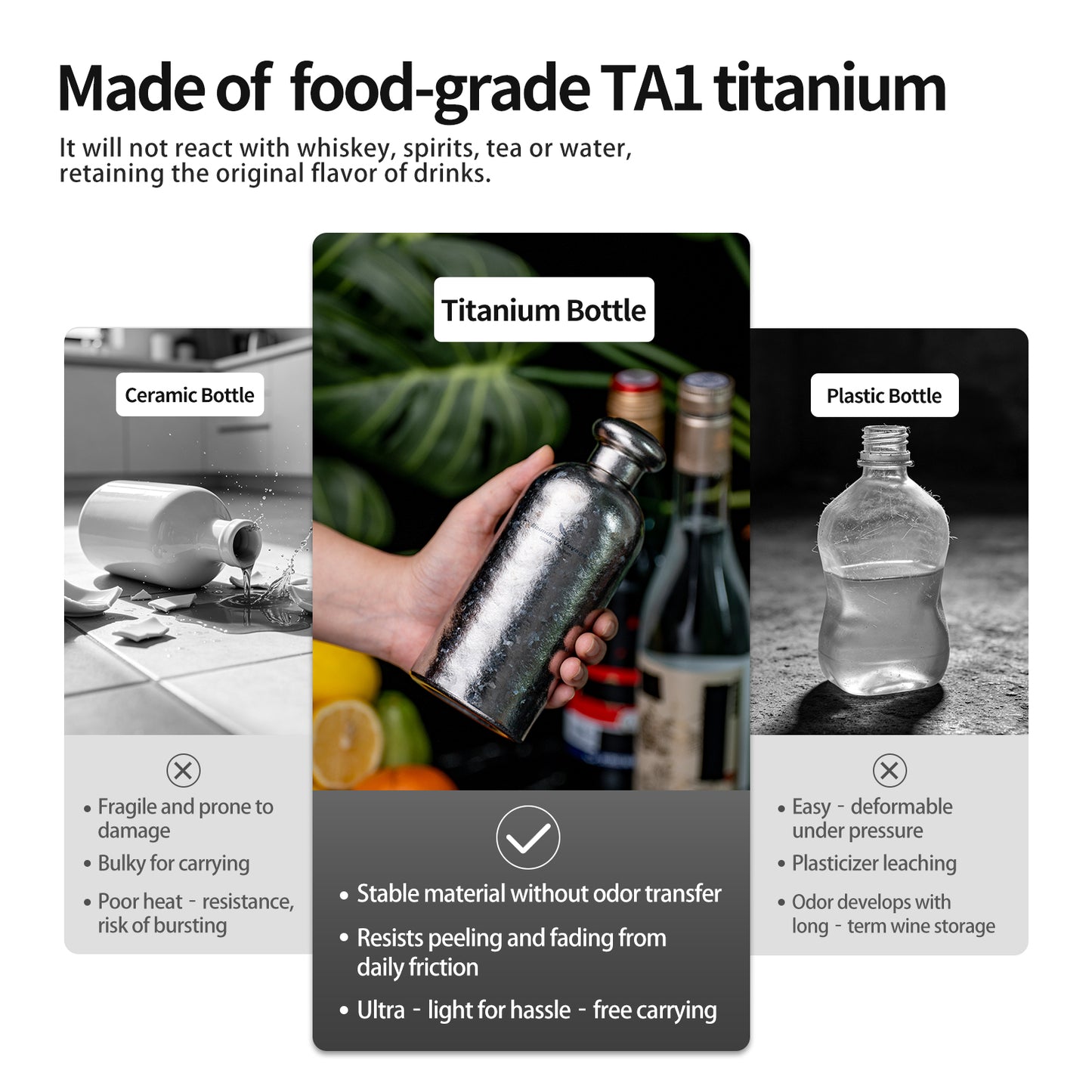 Boundless Voyage 500ml Coating-Free Titanium Flask bottle, Leakproof Narrow Mouth Portable Liquor Bottle for Travel Camping Hiking Ti3268A