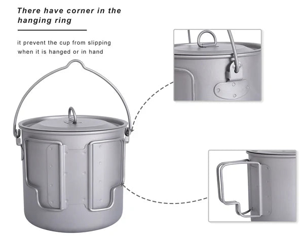 Boundless Voyage 1100ml Pure Titanium Hanging Pot with Lid | 37oz Ultralight Single-Wall Bushcraft Cookpot with Bail & Foldable Handle, Compatible with Open Fire & Camping Stove Ti3041D