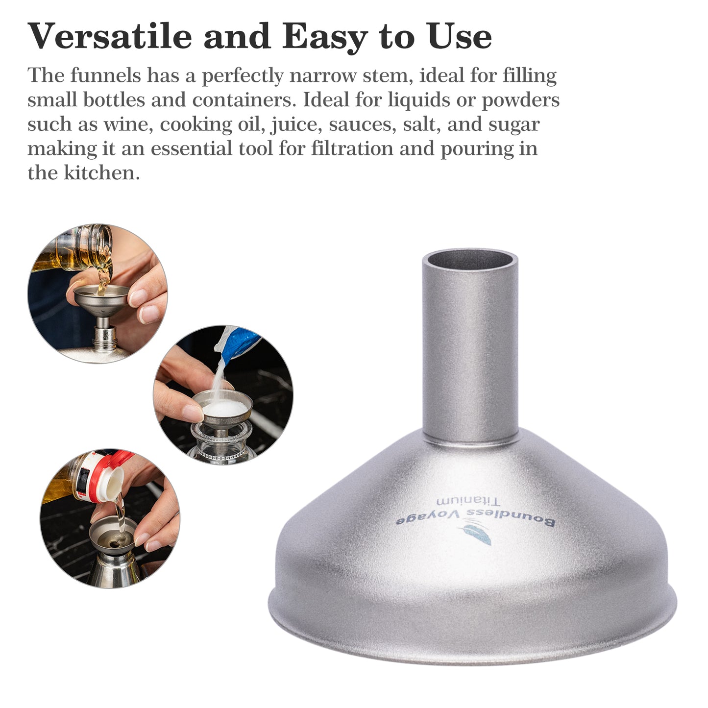 Boundless Voyage Titanium Funnel for Kitchen Bar Camping Lightweight Portable Durable No-Spill Metal Refilling Tool for Liquids, Oil, Wine, Soy Sauce & Spices, Dishwasher Safe Ti3070D