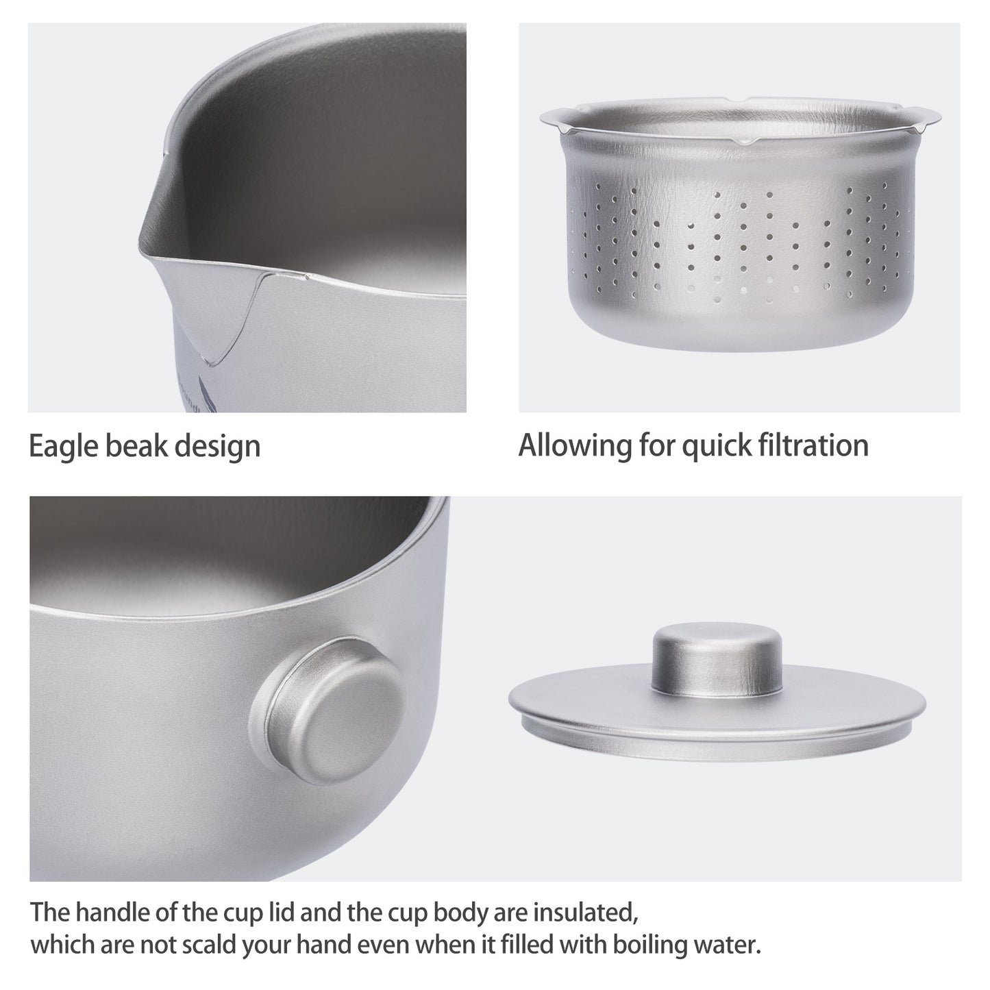 Boundless Voyage 180ml Sandblasted Finish Titanium Double-Layer Tea Maker with Lid Filter Ultralight Teapot with Double-Walled Anti-scalding Coffee Cup MugTi3136D / Ti3137D