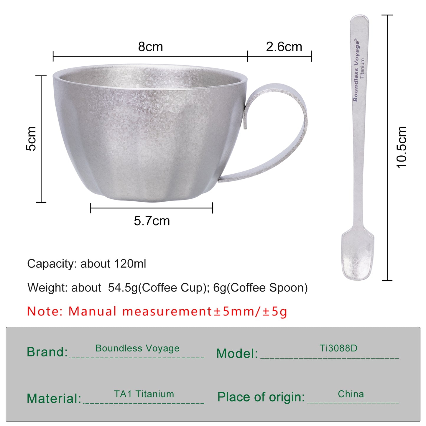 Boundless Voyage 120ml Titanium Espresso Cup, Double‑Wall Heat‑Insulated Coffee Mug with Fixed‑Handle, Compact Light‑Weight for Home, Office, Travel and Camping Ti3088D