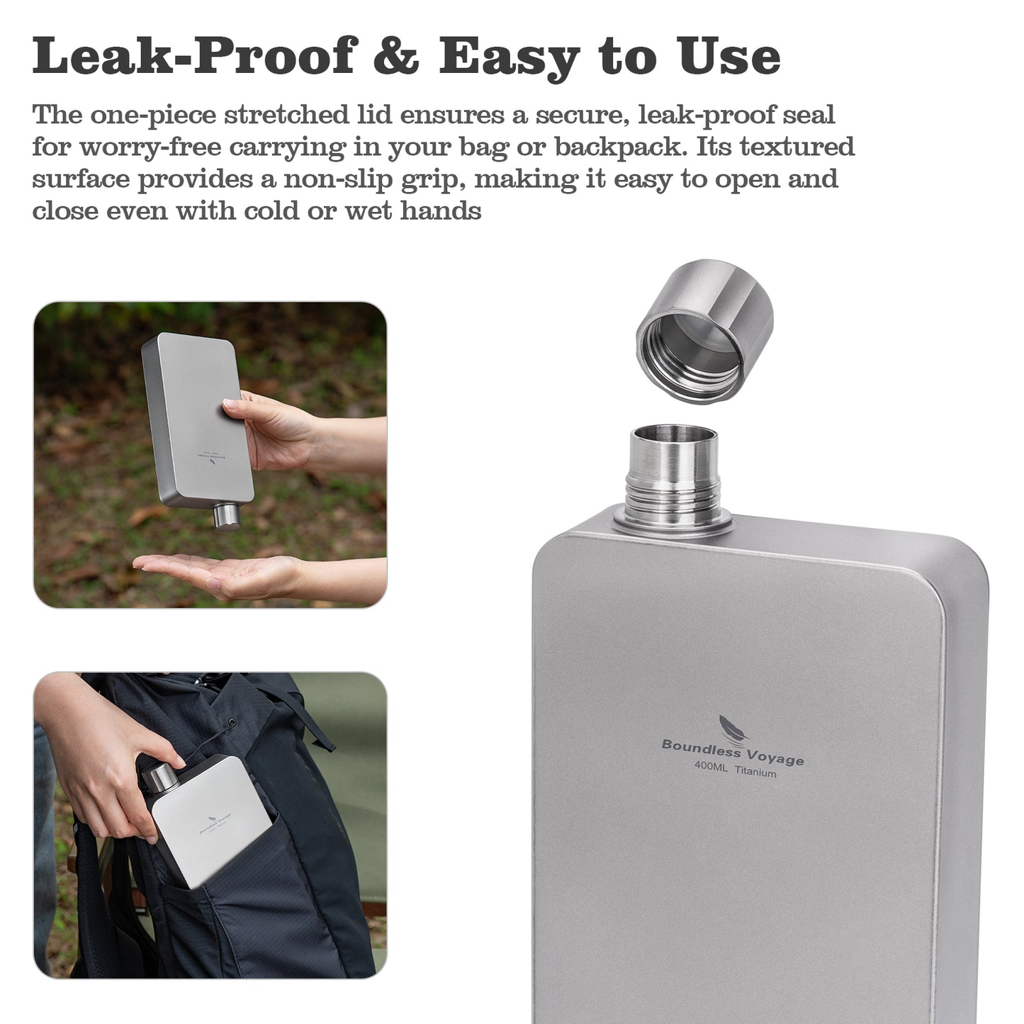 Boundless Voyage Titanium Flask 400ml, Camping & Travel Metal Liquor Bottle, Ultra-Light Square Design, Gift for Men & Outdoor Enthusiasts
