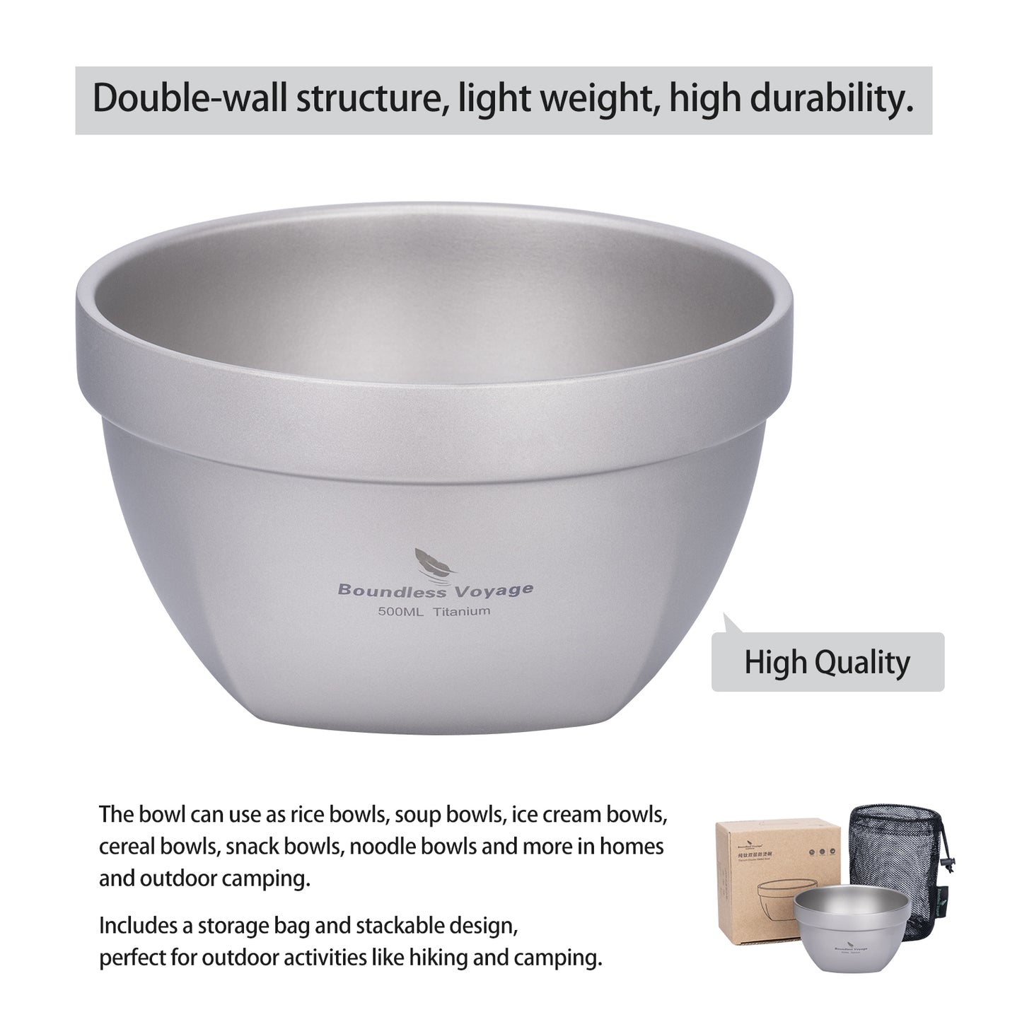 Boundless Voyage Sandblasted Double Walled Pure Titanium Bowl 500ml / 800ml | Ultralight Portable Metal Tableware for Oatmeal, Rice, Soup, Outdoor Camping & Daily Home Use Ti1161T-Ti1163T