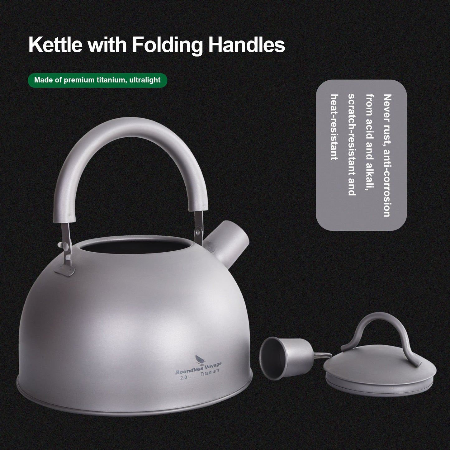 Boundless Voyage 2L Titanium Tea Kettle with Whistle, Stovetop Camping Kettle for Hiking Outdoor Home Kitchen Ti3097D