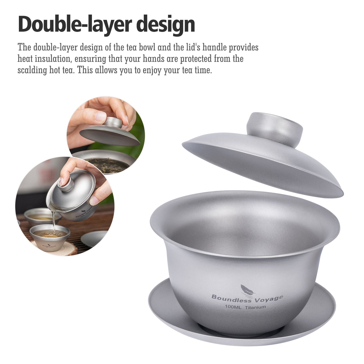 Boundless Voyage 100ml Titanium Double-Walled Gaiwan, Traditional Chinese Three-Talent Triad Covered Tea Bowl, Anti-Scald Kung Fu Tea Set for Home Tea Brewing Ti3143D