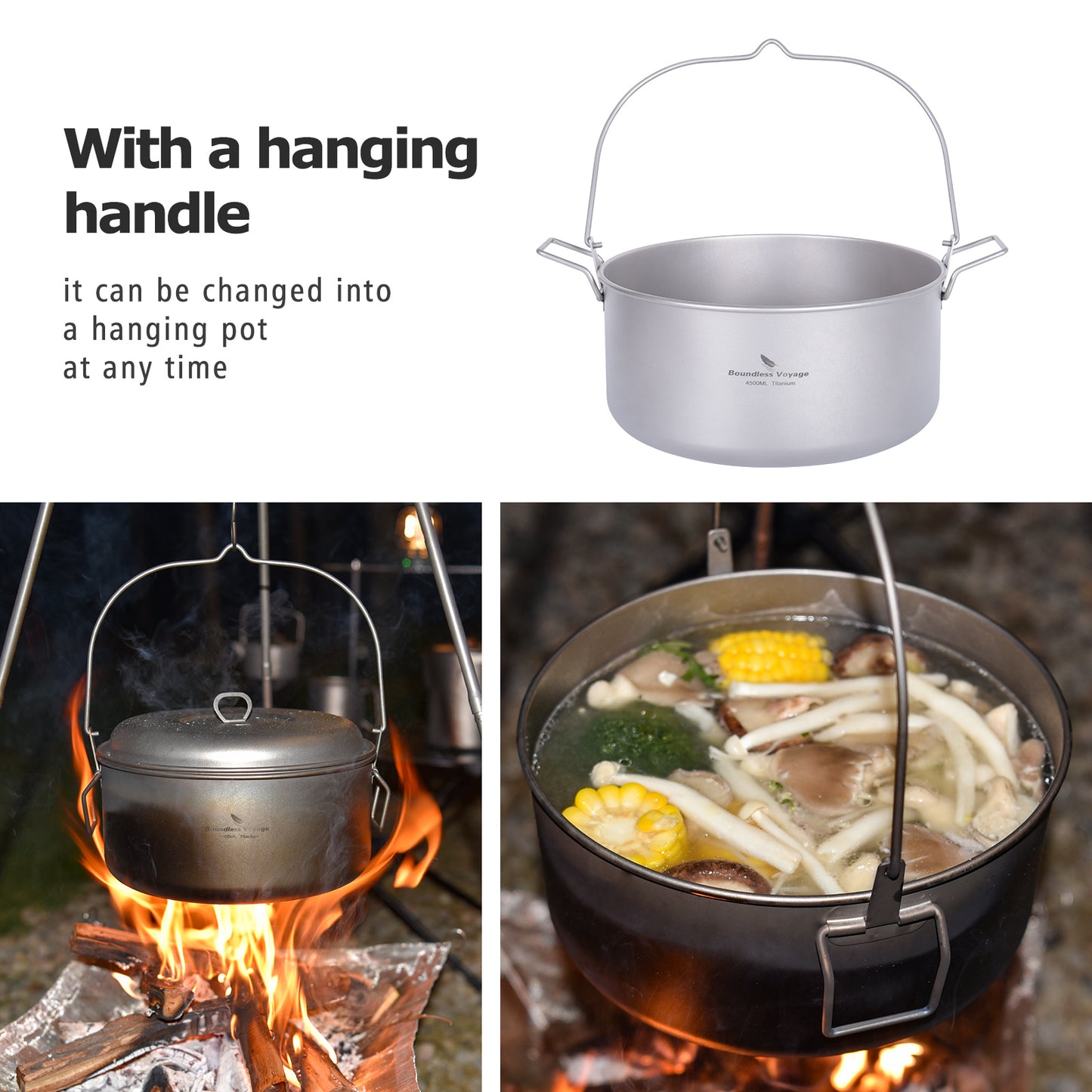 Boundless Voyage Titanium Food Steamer Pan & Stock Soup Pot, Portable Hanging Hot Pot Kitchenware for Outdoor Camping Picnic Travel Household Cooking Ti2112C- Ti2114C