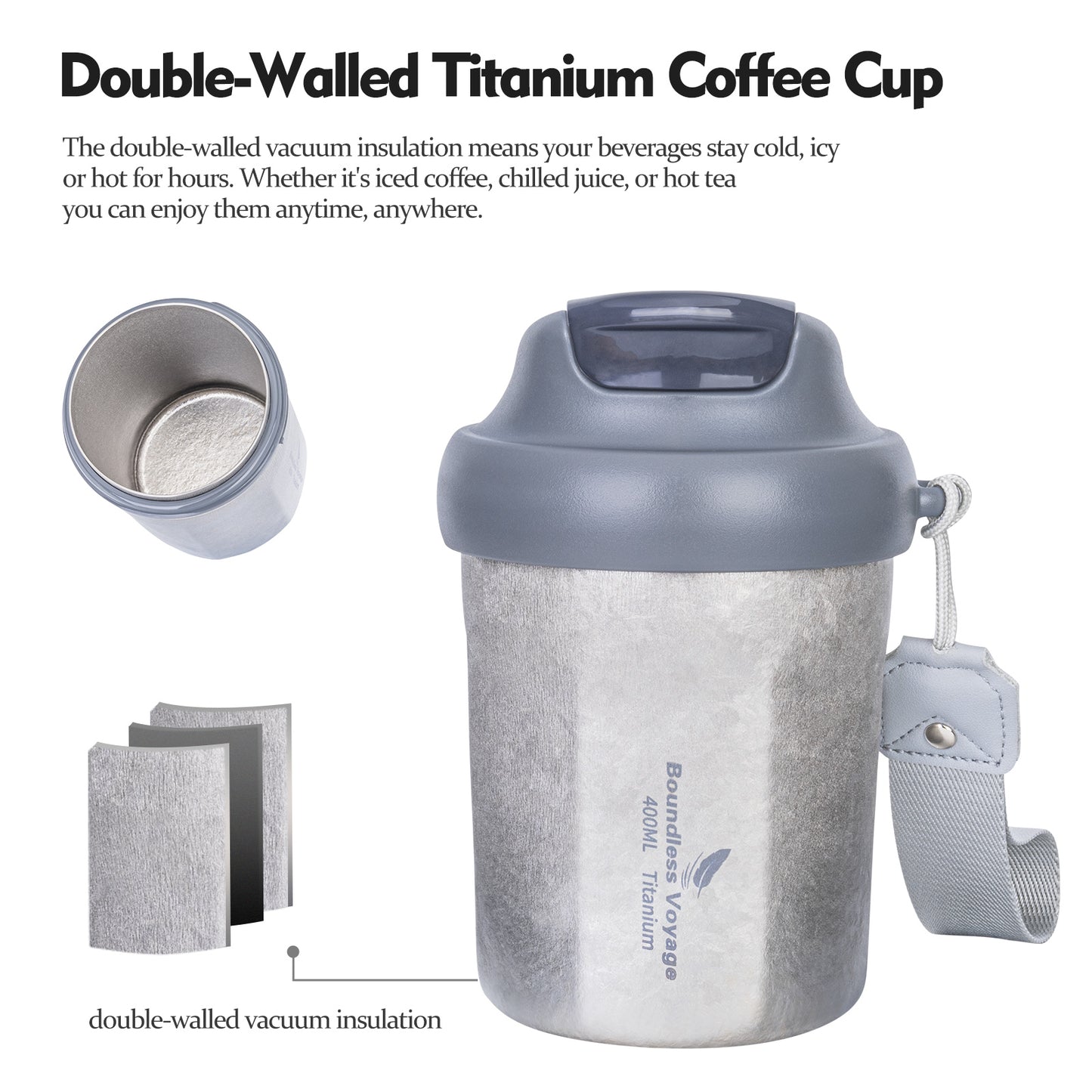 Boundless Voyage 400ml Titanium Vacuum Insulated Travel Coffee Mug , Spill-Proof Thermal Cup for Hot & Cold Drinks  Ti3236D