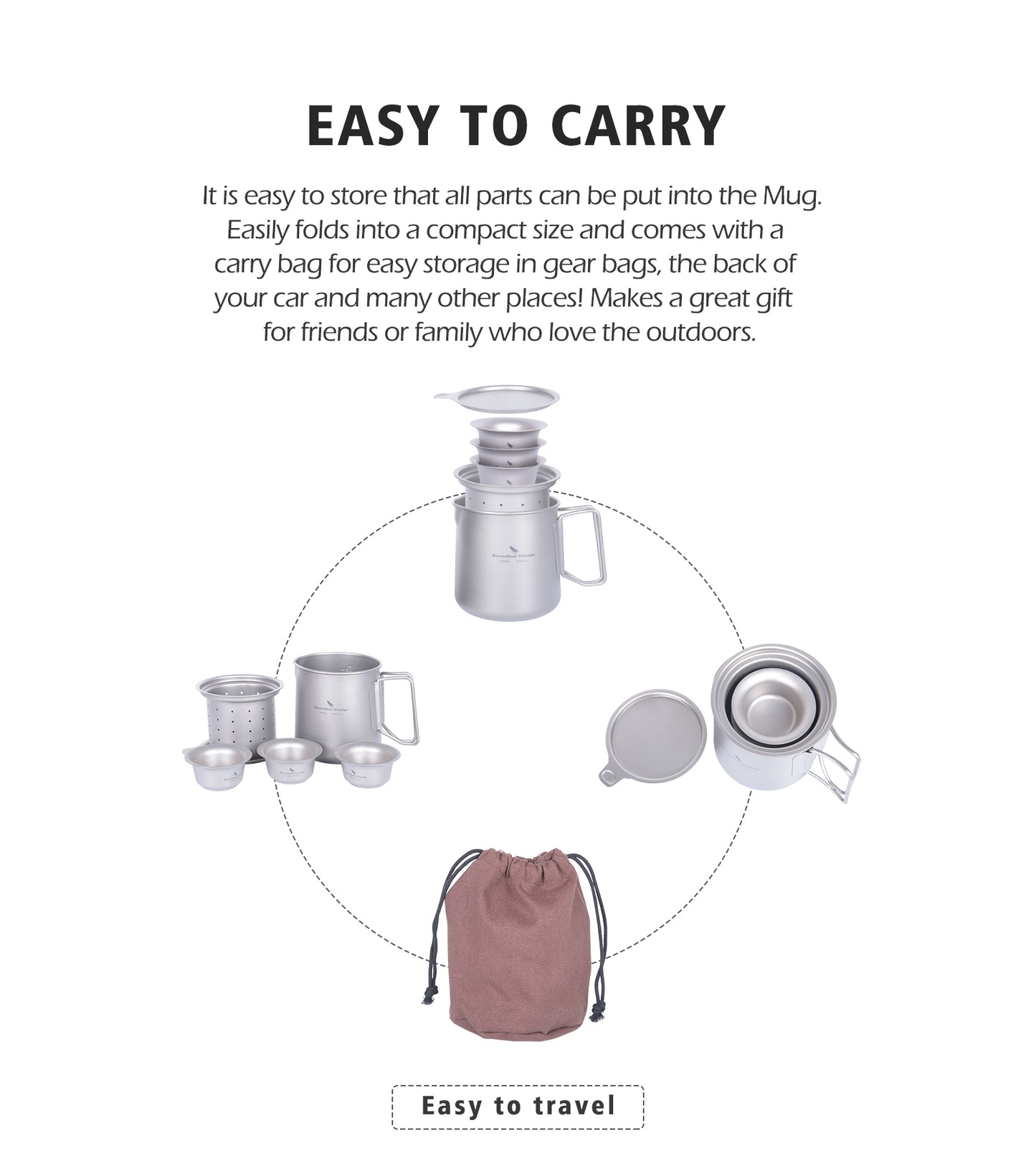 Boundless Voyage Pure Titanium Tea Mug Set, 500ml Cup with Lid, Scale & Strainer, Foldable Handle + Two 40ml Mini Teacups, Compact Camping Kit with Storage Bag Ti3126D