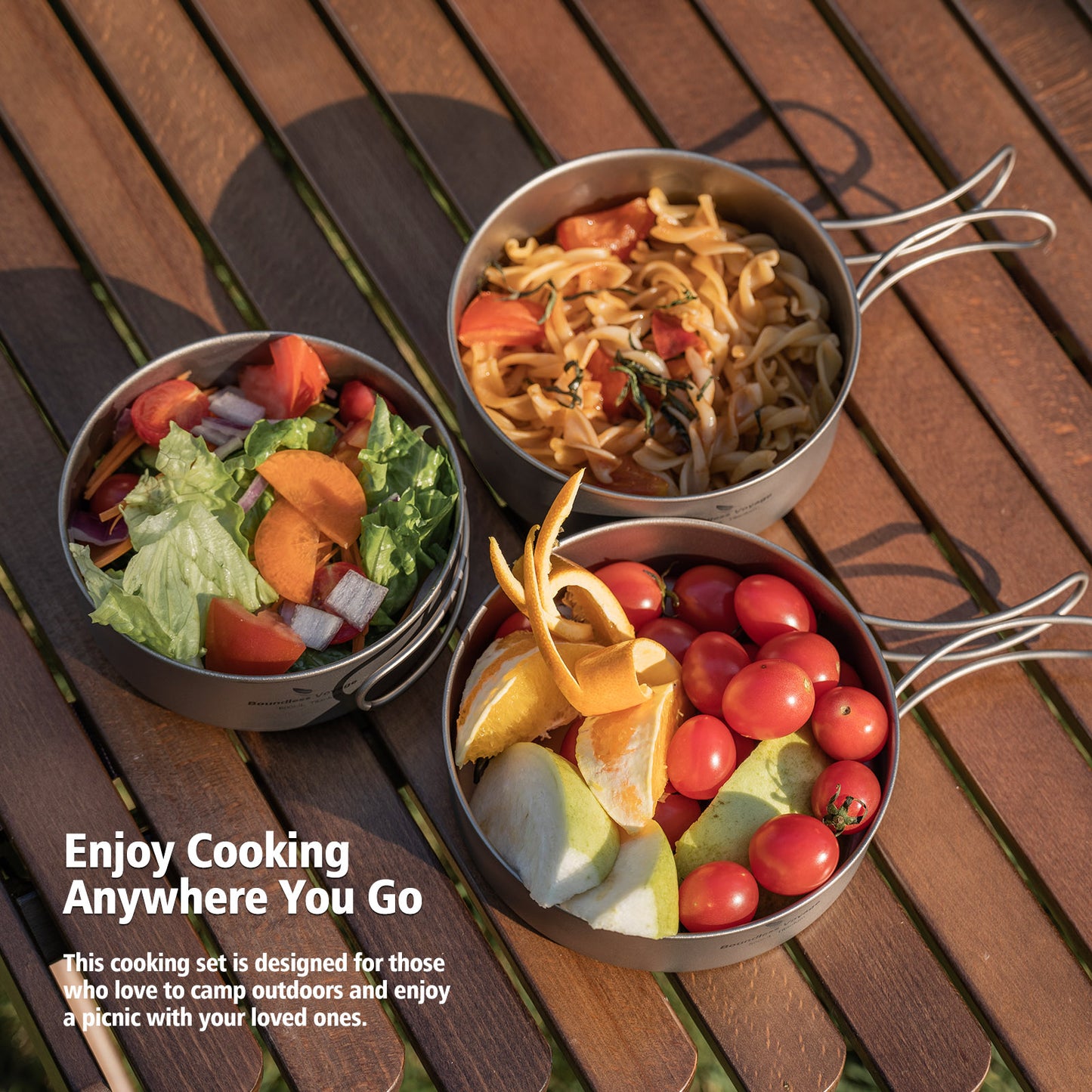 Boundless Voyage Pure Titanium Camping Cookware Set 3Pcs Foldable Handle Stackable Outdoor Tableware Pot Pan Set Ti2032C
