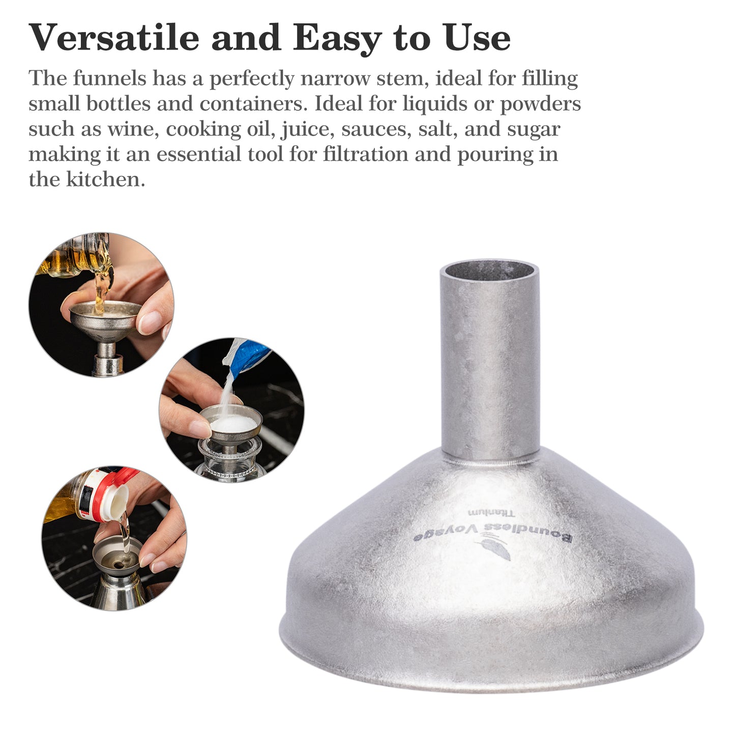 Boundless Voyage Titanium Funnel for Kitchen Bar Camping Lightweight Portable Durable No-Spill Metal Refilling Tool for Liquids, Oil, Wine, Soy Sauce & Spices, Dishwasher Safe Ti3070D
