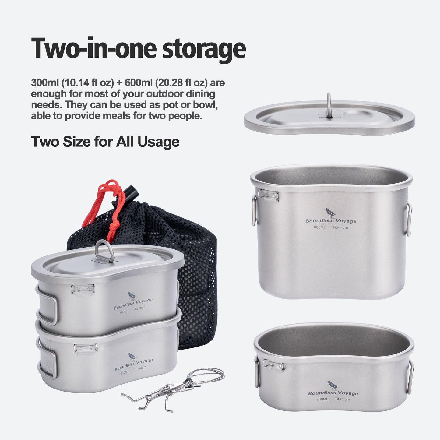 Boundless Voyage Titanium Canteen Mess Kit with Lid and Folding Handle 300ml+600ml Ultralight Portable Bowl Pot Cup Mug for Outdoor Camping Hiking Backpacking Ti2046C