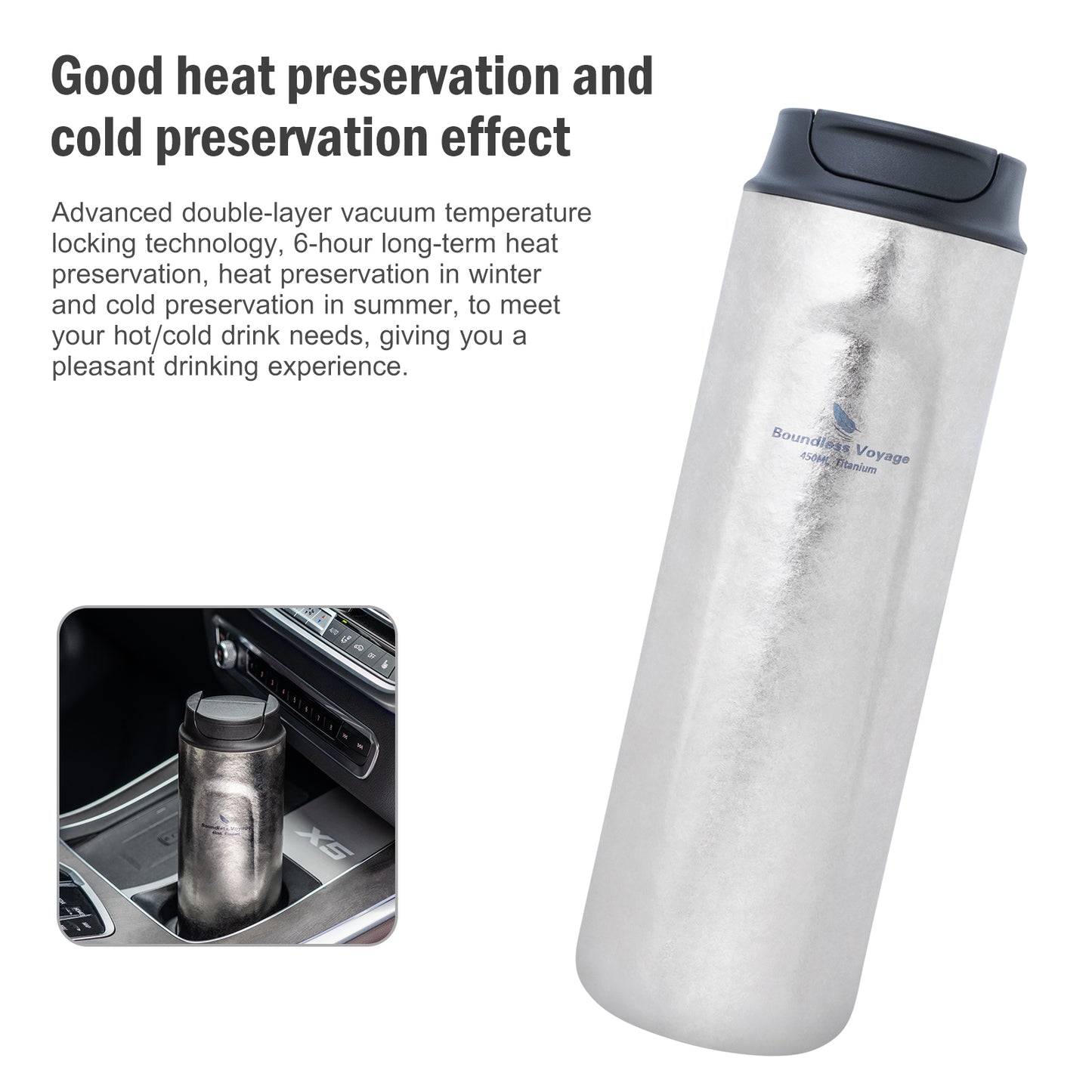 Boundless Voyage 450ml Double-Walled Insulated Titanium French Press Coffee Tumbler with Lid, Portable Filter Coffee Mug for Travel Daily Use Ti3255D