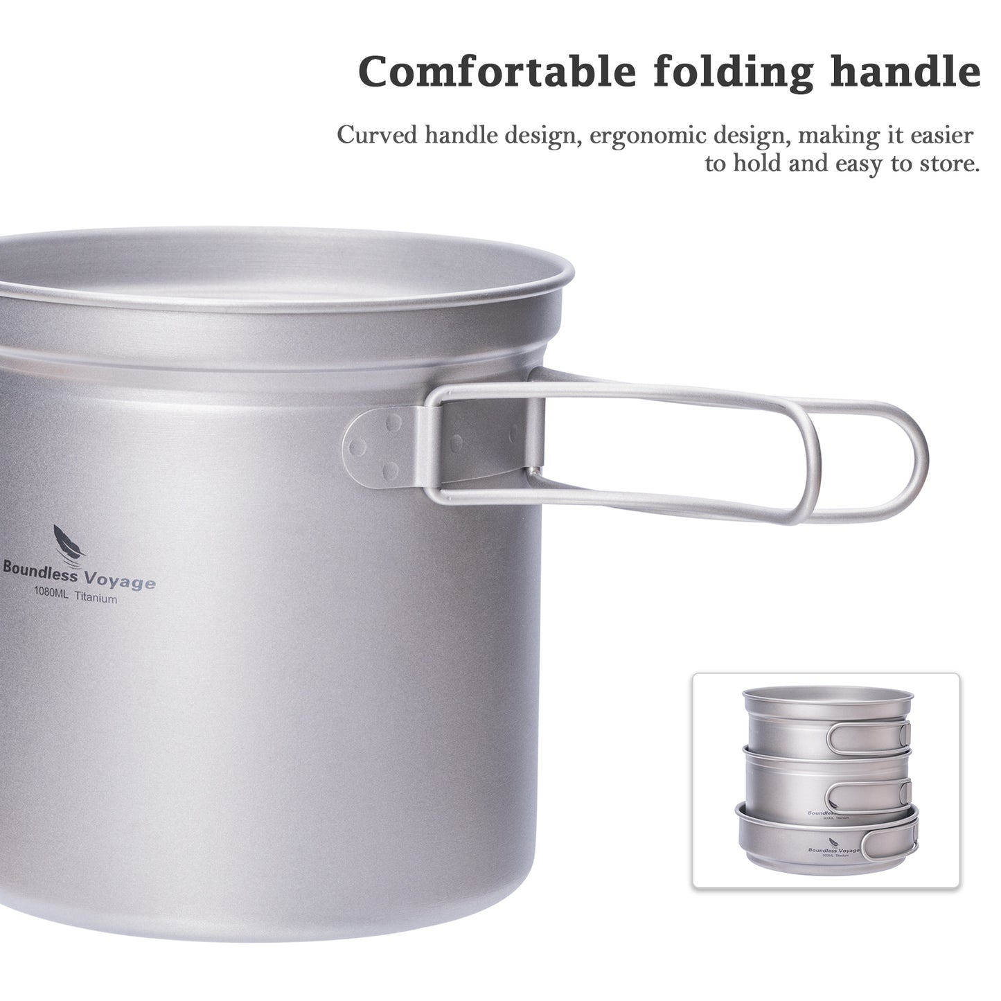 Boundless Voyage Titanium Camping Pots & Pans Set Foldable Handle, 500ml 900ml 1080ml Ultralight Cookware Kit for 1-2 Person Hiking Picnic Ti2034C/Ti2035C/Ti2036C