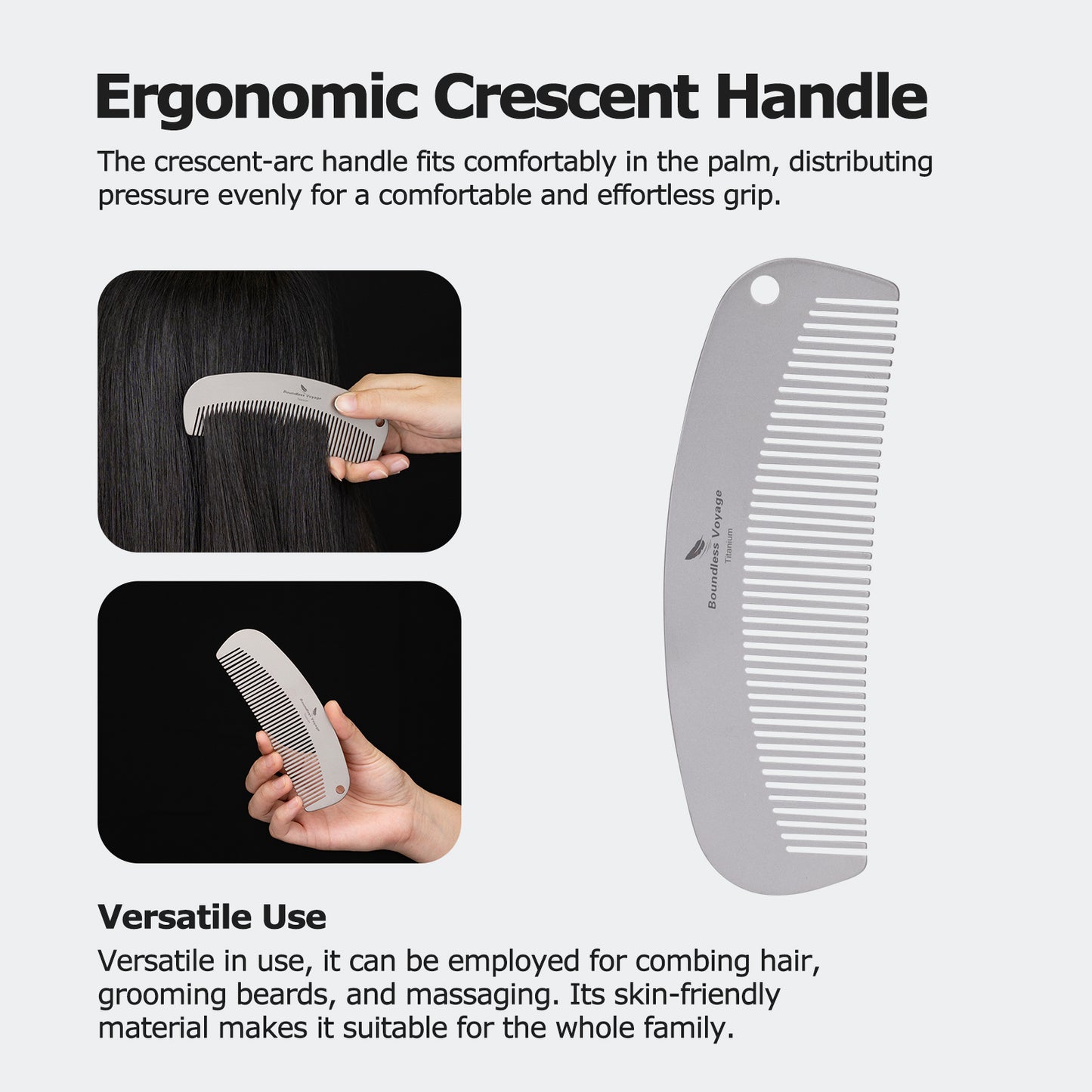 Boundless Voyage Titanium Crescent Comb, Unisex Hair & Beard Styling Comb for Daily Home Use and Travel Carry Ti9011B