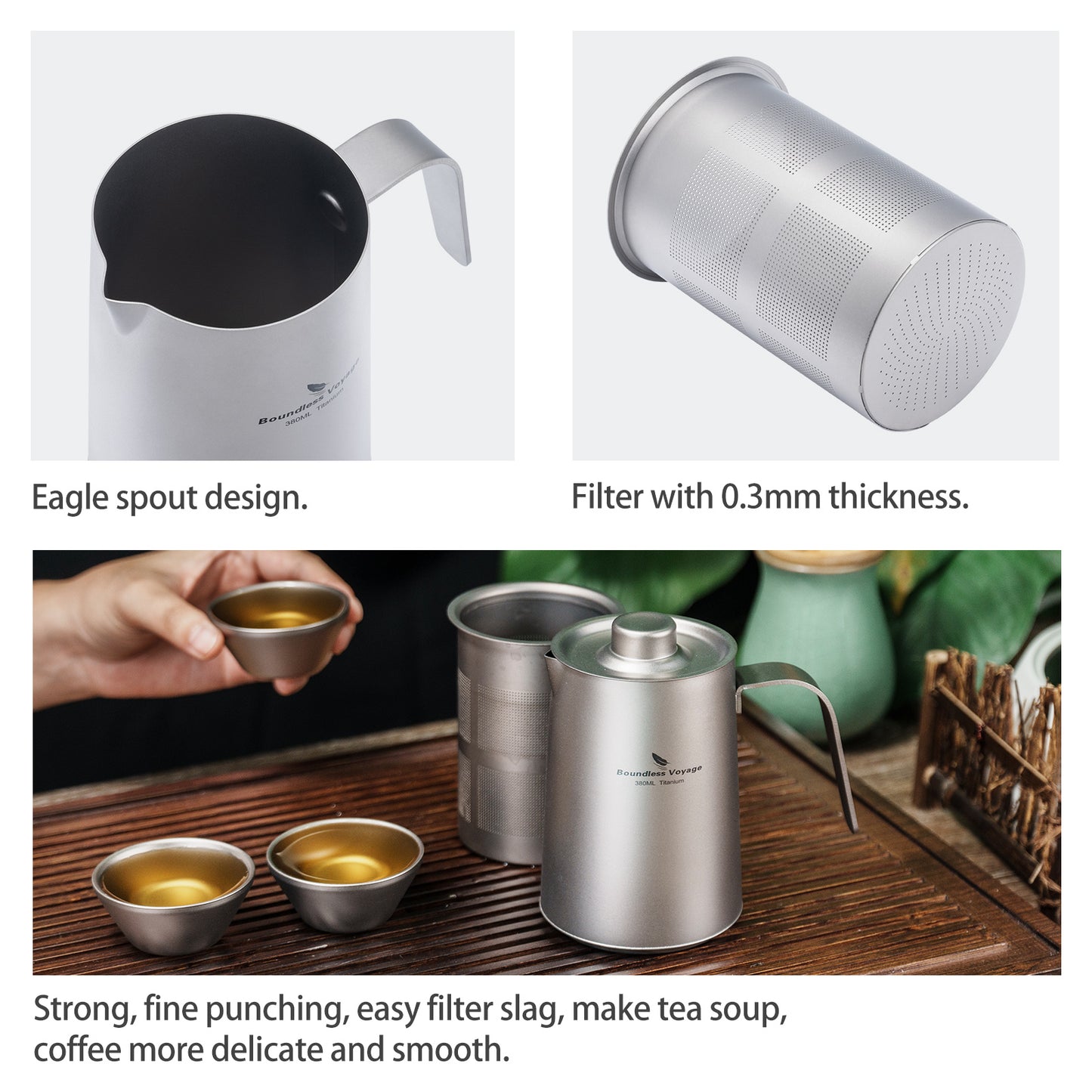 Boundless Voyage Ultralight Titanium Camping Tea Set, Portable Travel Drinkware for Picnic Hiking Home Use Ti3116D
