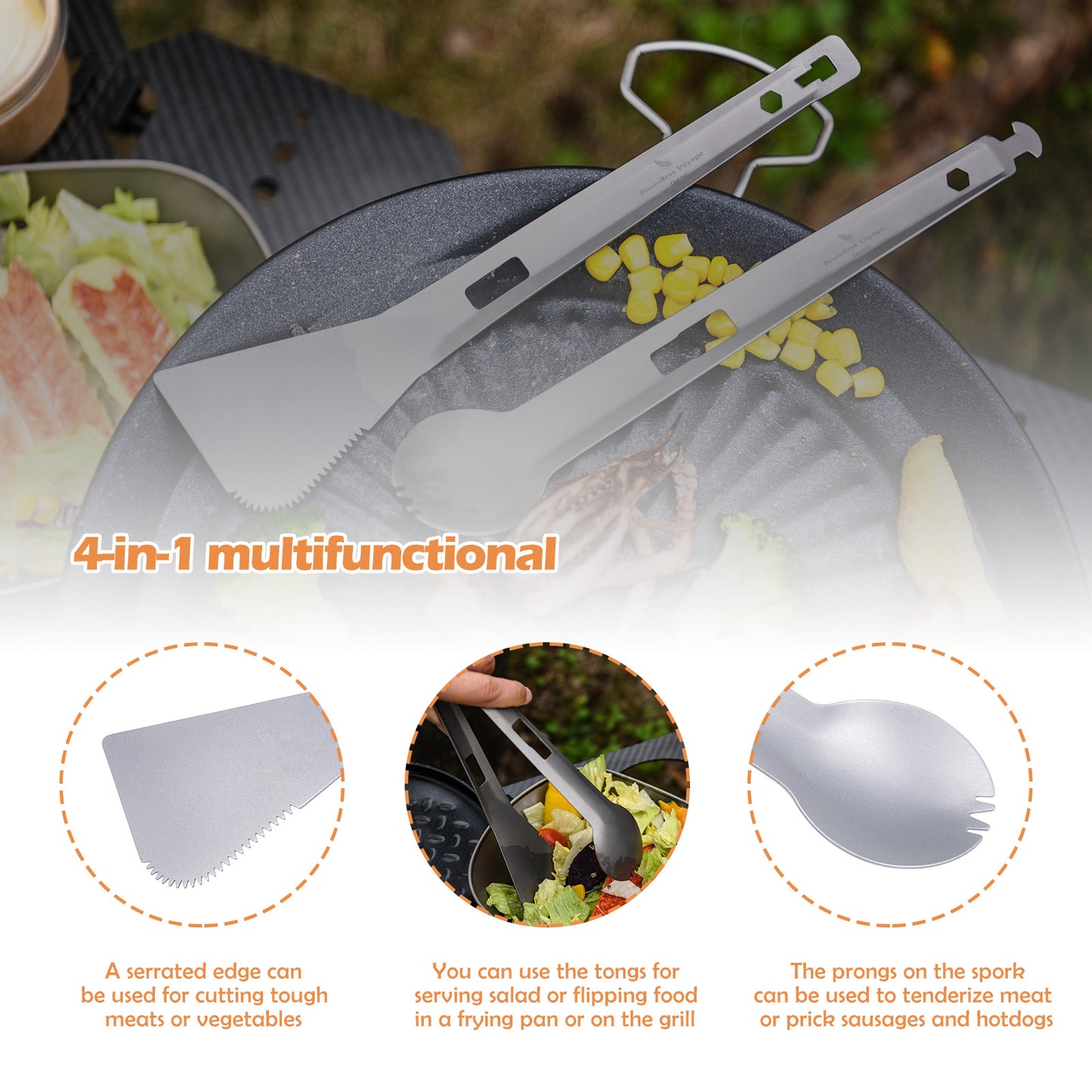 Boundless Voyage Titanium Alloy 4-in-1 Multi Utensil, Integrated Tong Spork Shovel Spatula, Lightweight Portable Cookware for Camping Backpacking Travel Outdoor Cooking Ti1080T